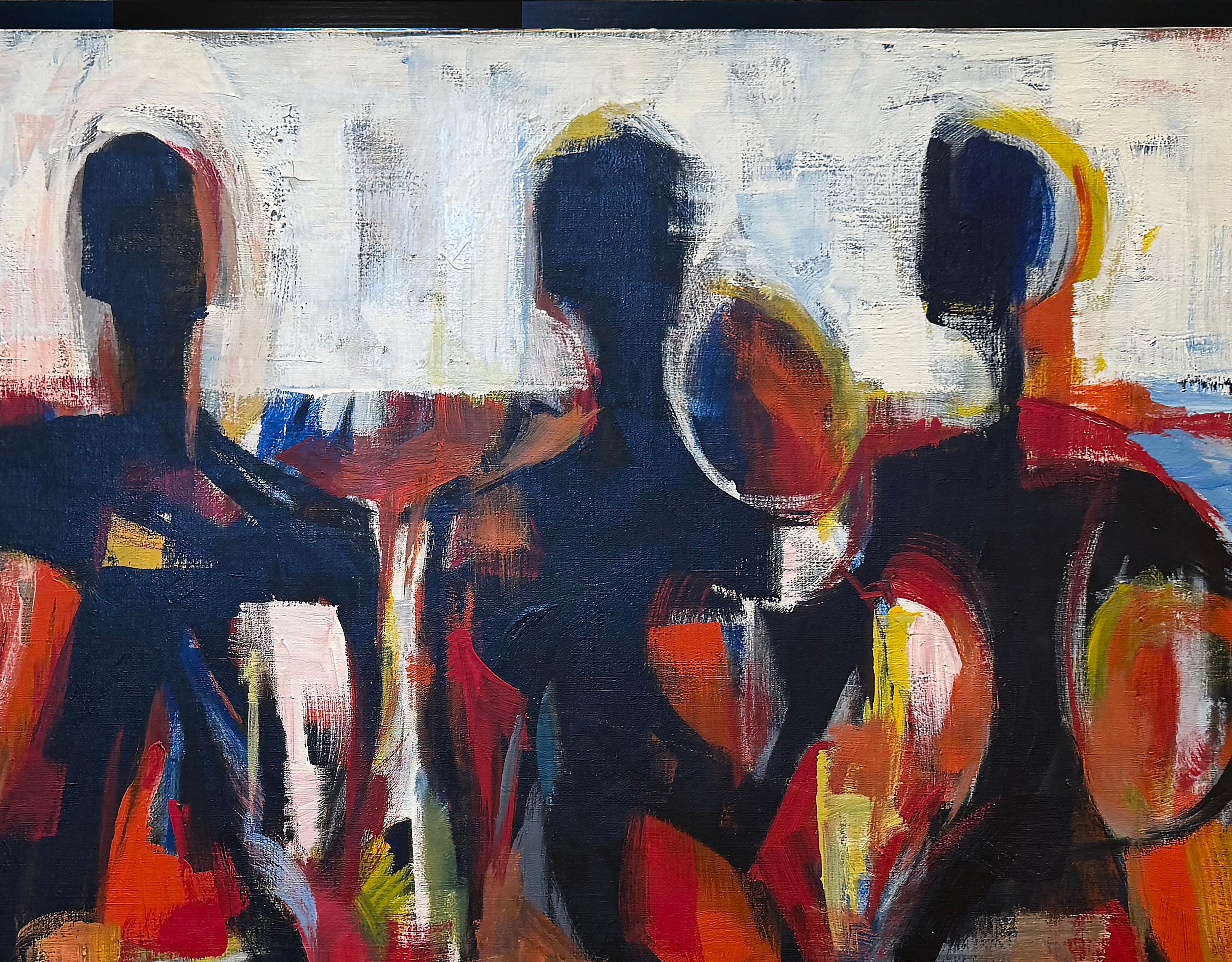 Übergroßes abstraktes Strandgemälde aus der Mitte des Jahrhunderts, signiert, 1962

Zum Verkauf angeboten wird eine kühne und lebendige übergroße abstrakte Ölgemälde auf Leinwand, die drei Figuren am Strand darstellt. Das grafische Gemälde zeigt