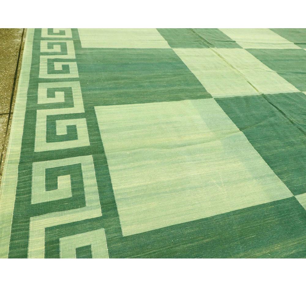Kilim Midcentury Oversize Flatweave Checkerboard Carpet in Green For Sale