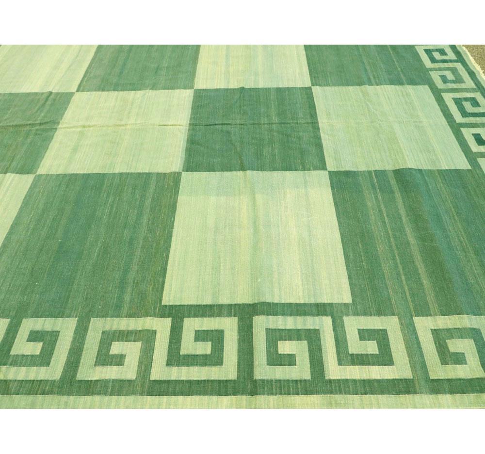 Indian Midcentury Oversize Flatweave Checkerboard Carpet in Green For Sale