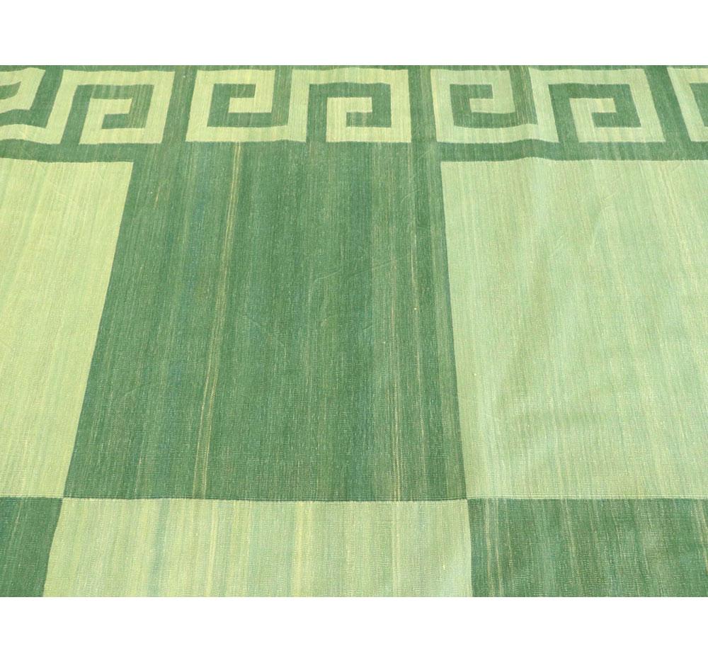 Hand-Woven Midcentury Oversize Flatweave Checkerboard Carpet in Green For Sale