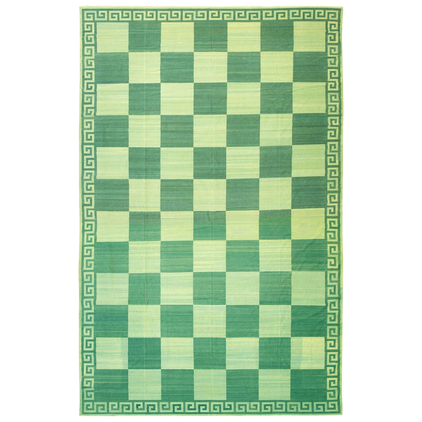 Midcentury Oversize Flatweave Checkerboard Carpet in Green For Sale