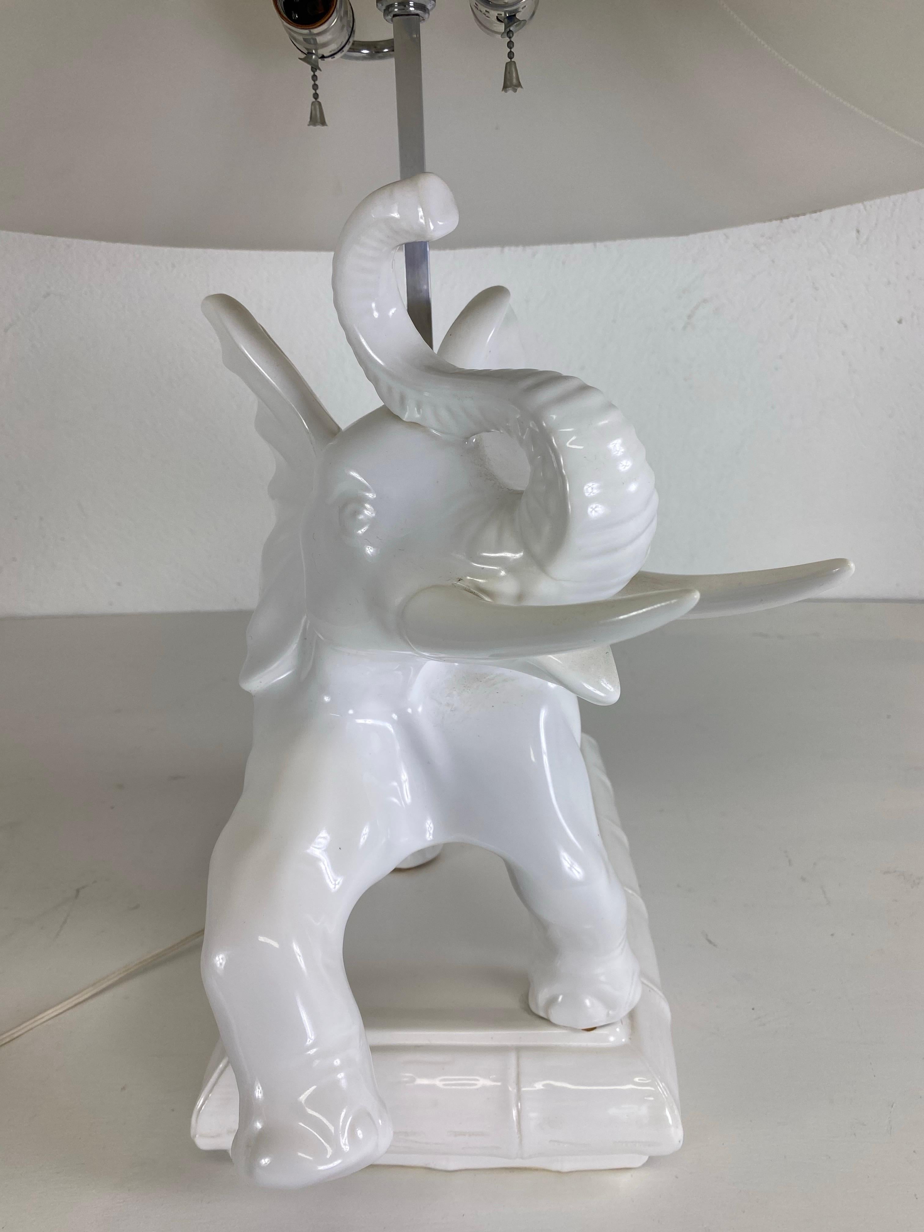 Hand-Crafted Mid-century oversized  Blanc de chin Italian pottery elephant lamp For Sale