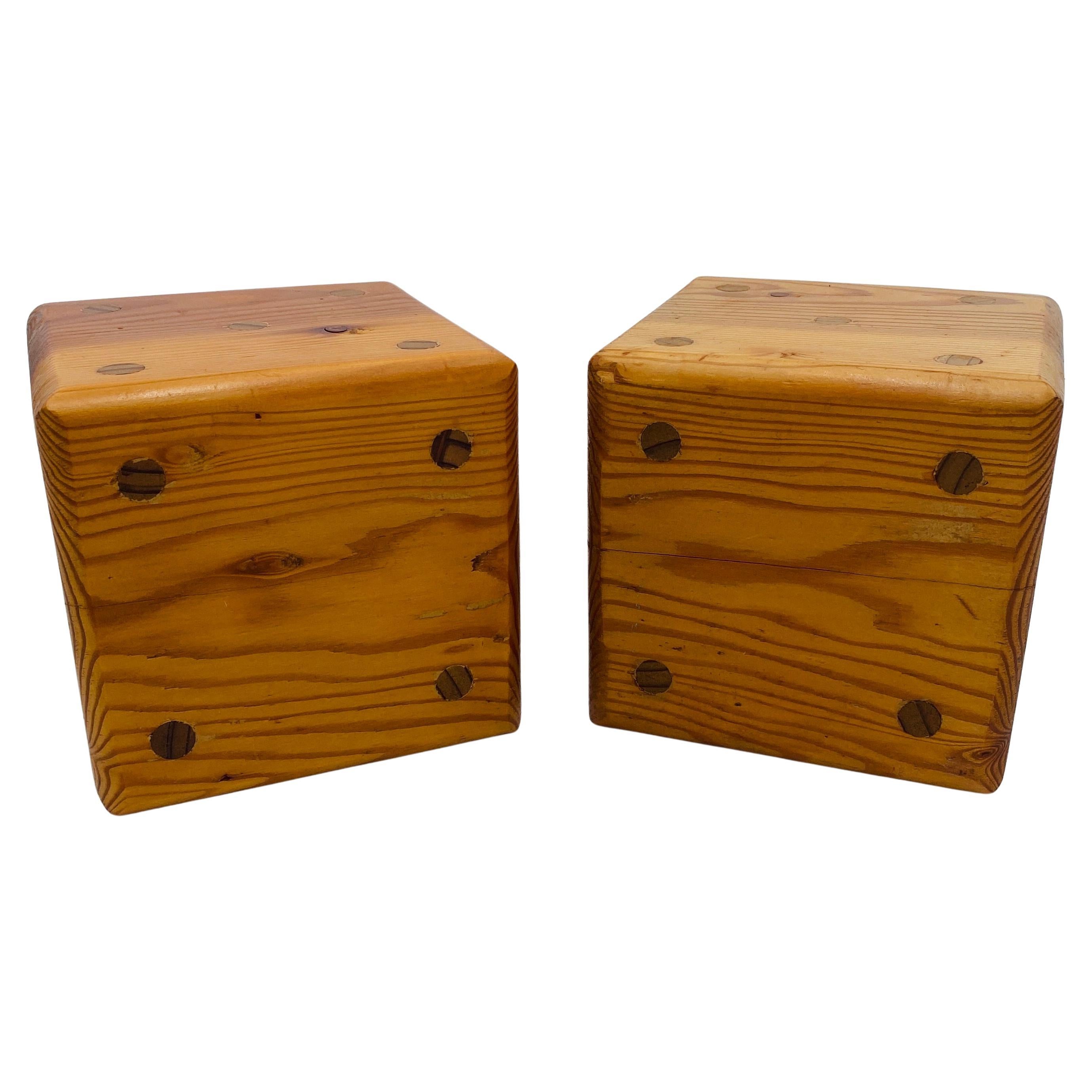 Mid Century Oversized Dice Hand Crafted Wood Bookends 1970s