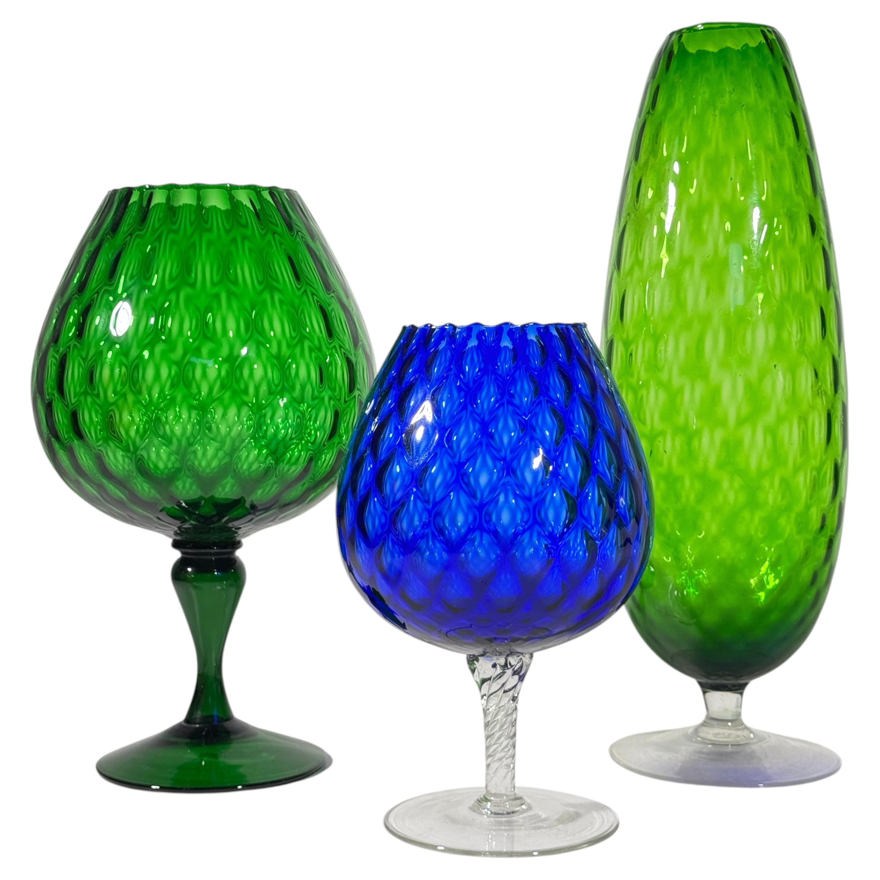 Mid-Century Oversized Empoli Glass Set of Three, 1960s For Sale