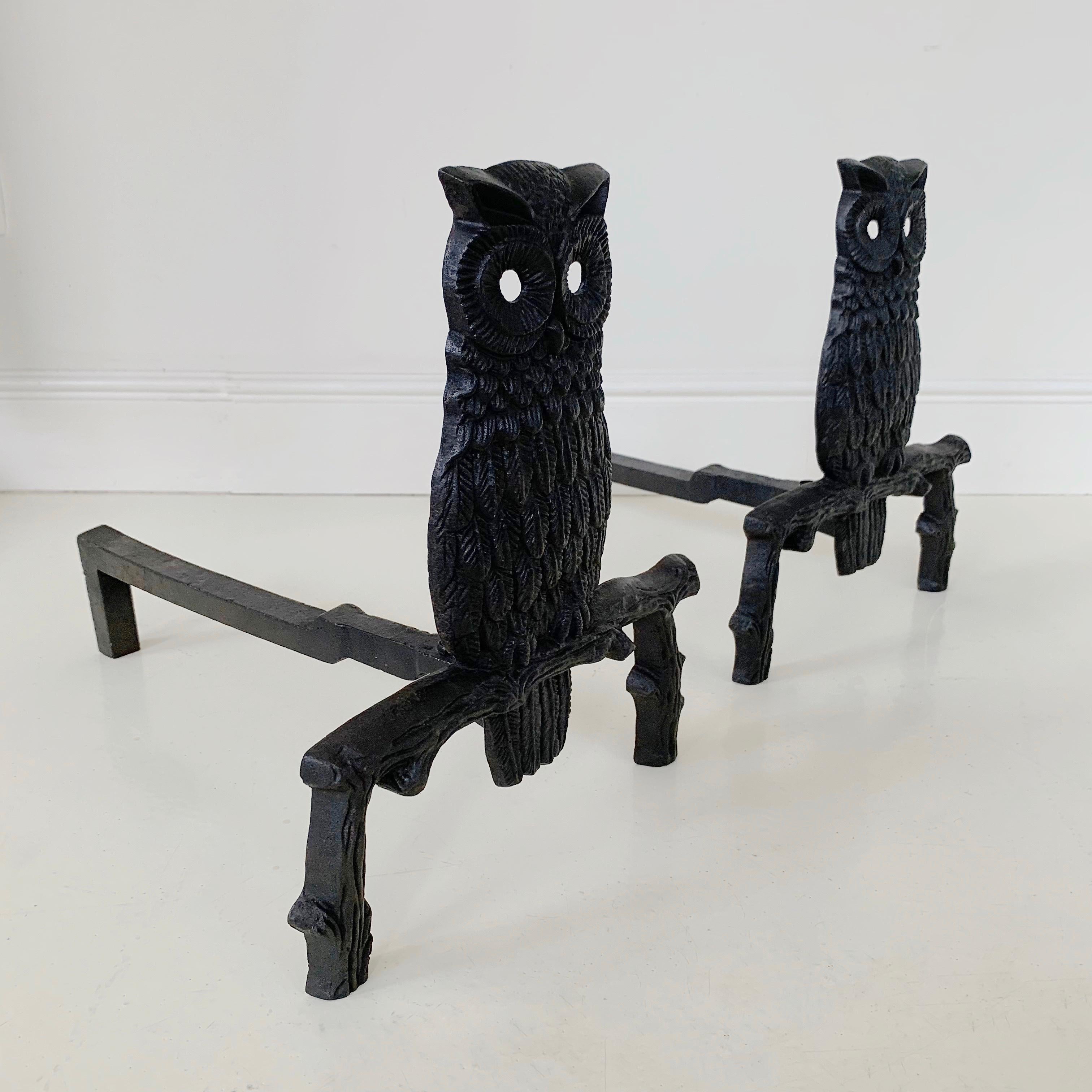 Mid-Century Owl  Cast Iron Andirons, circa 1970, France. For Sale 4