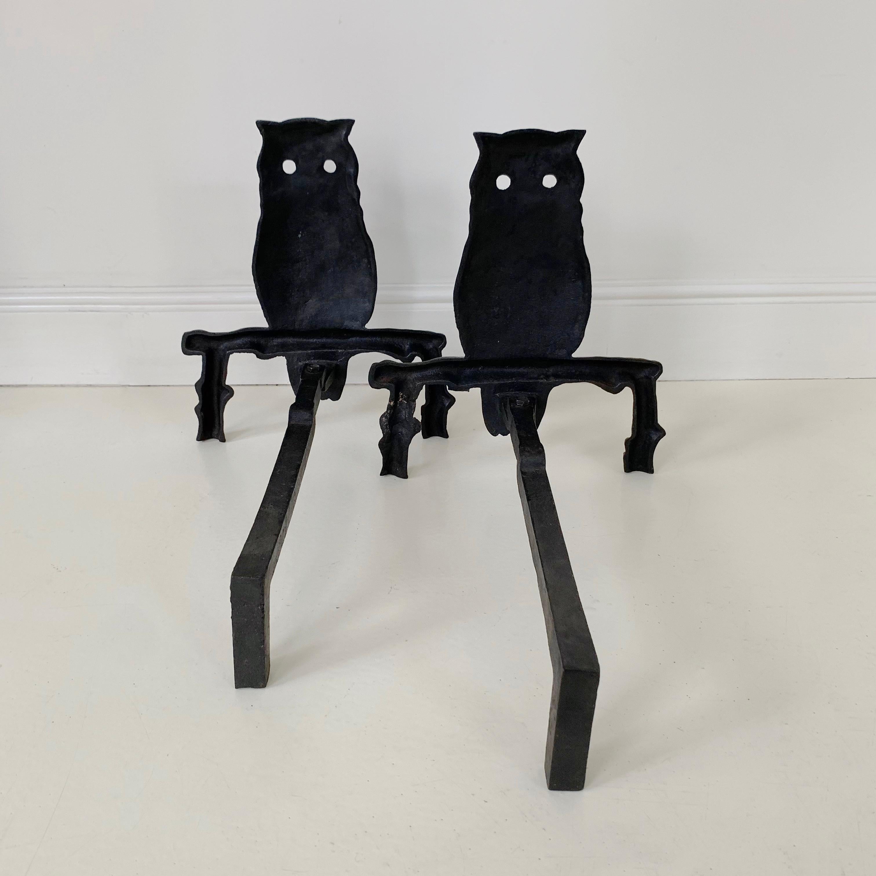 Mid-Century Owl  Cast Iron Andirons, circa 1970, France. For Sale 8