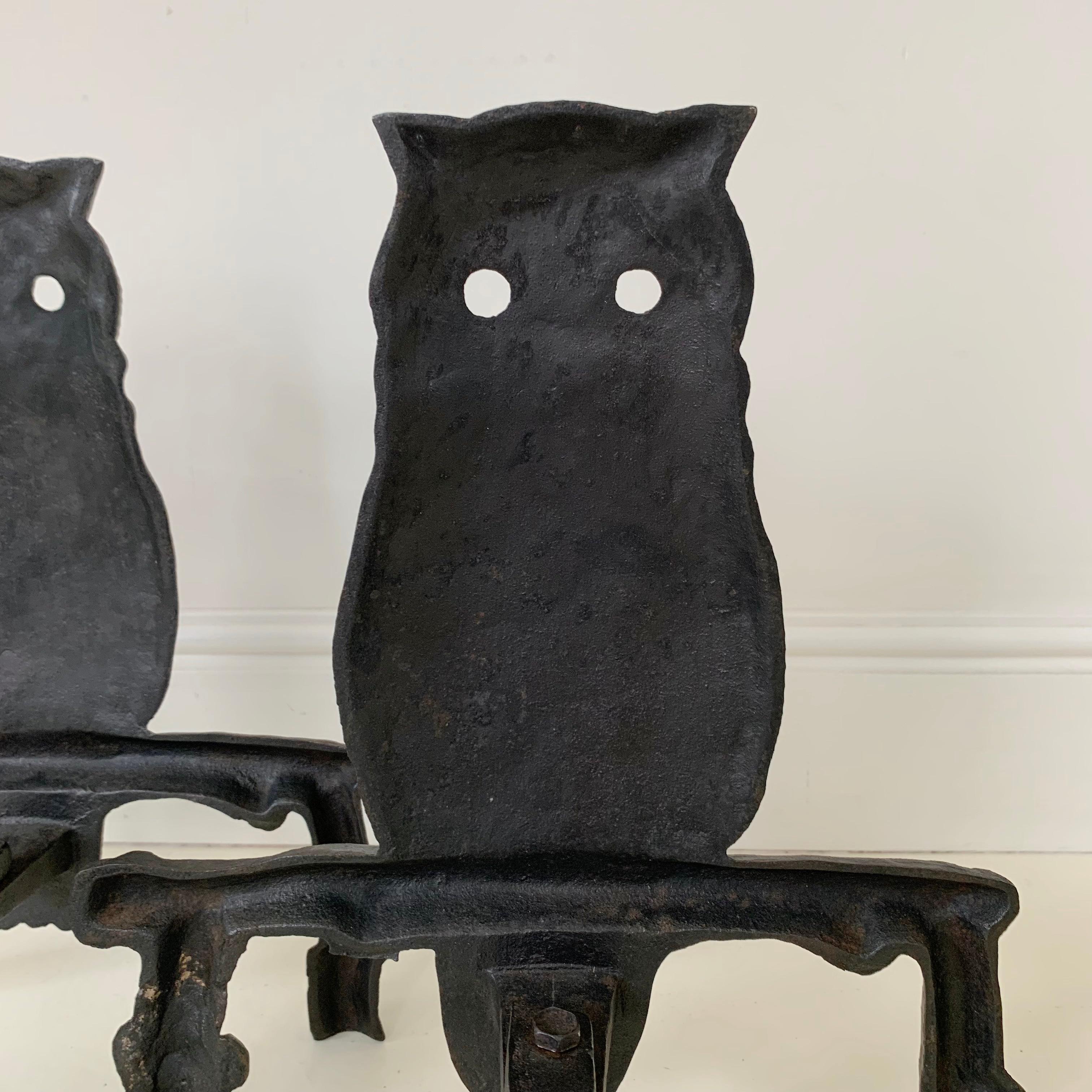 Mid-Century Owl  Cast Iron Andirons, circa 1970, France. For Sale 9