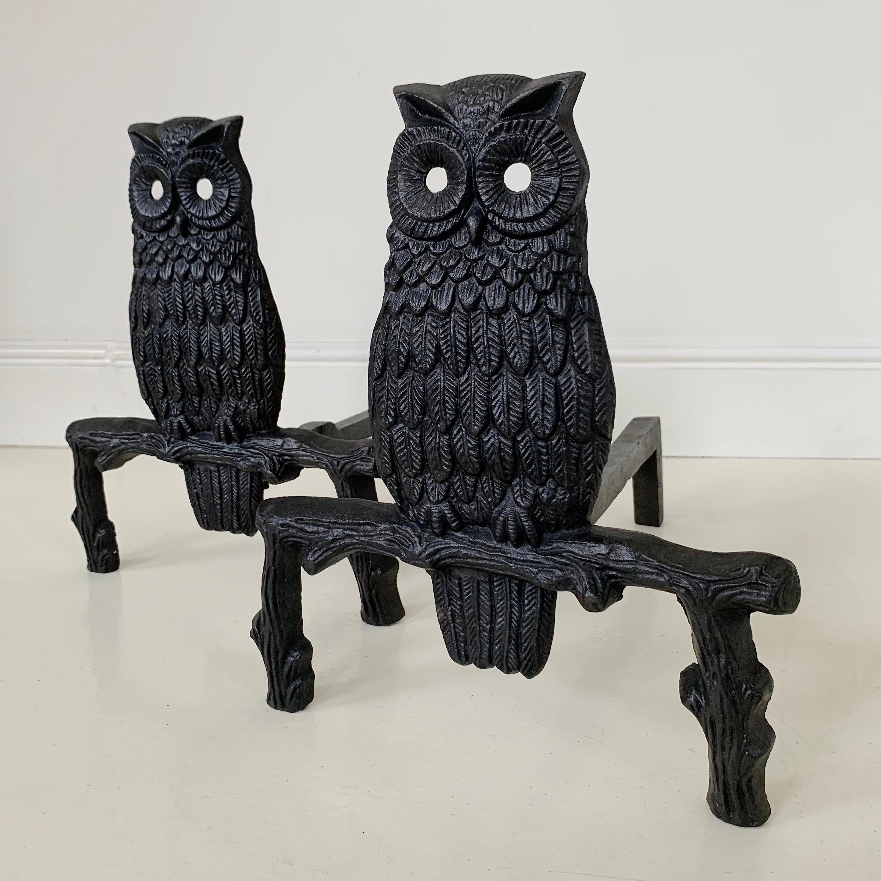 Mid-Century Owl  Cast Iron Andirons, circa 1970, France. For Sale 12