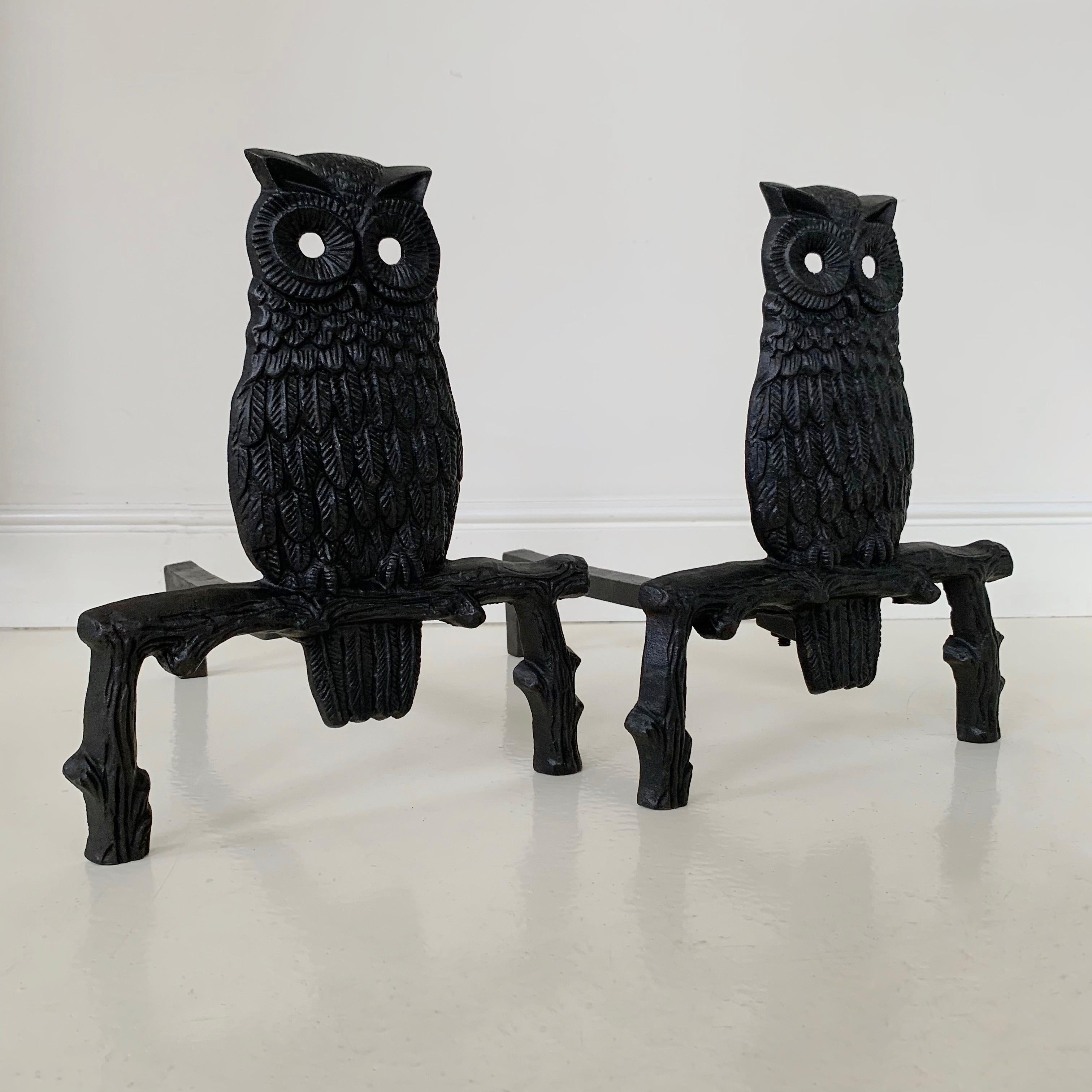 Mid-Century Owl  Cast Iron Andirons, circa 1970, France. For Sale 13