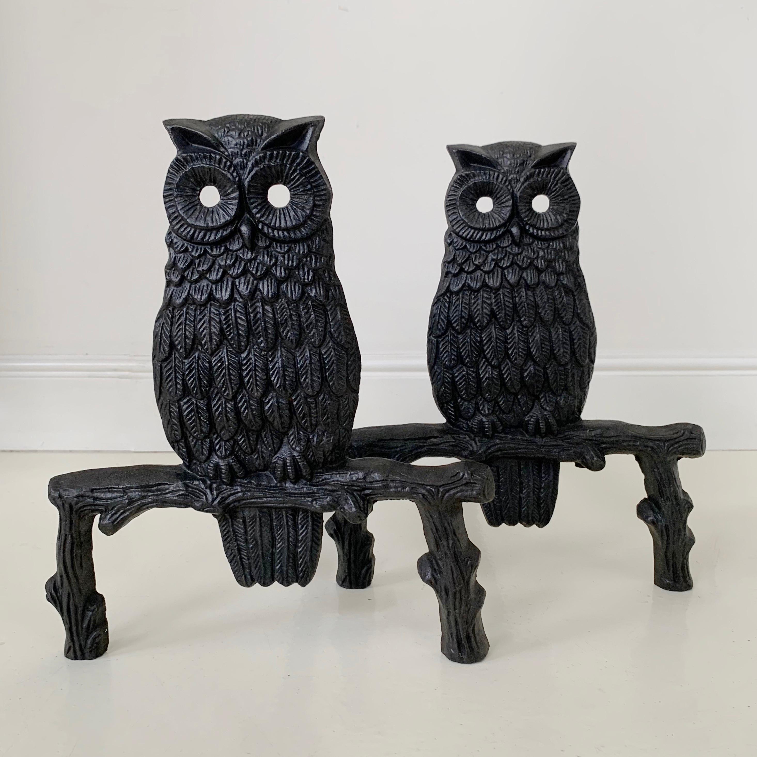 Mid-Century Owl  Cast Iron Andirons, circa 1970, France. For Sale 14