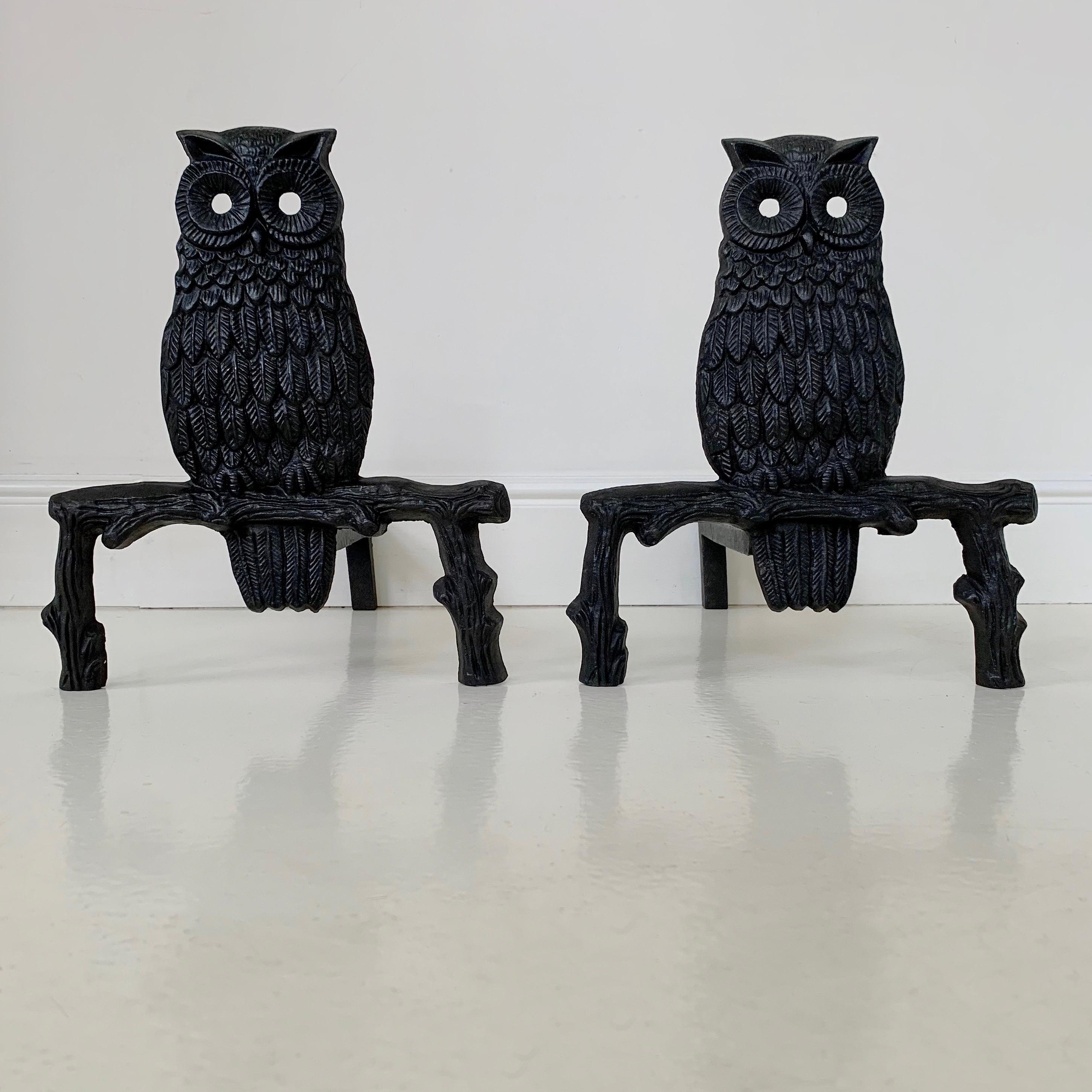 French Mid-Century Owl  Cast Iron Andirons, circa 1970, France. For Sale
