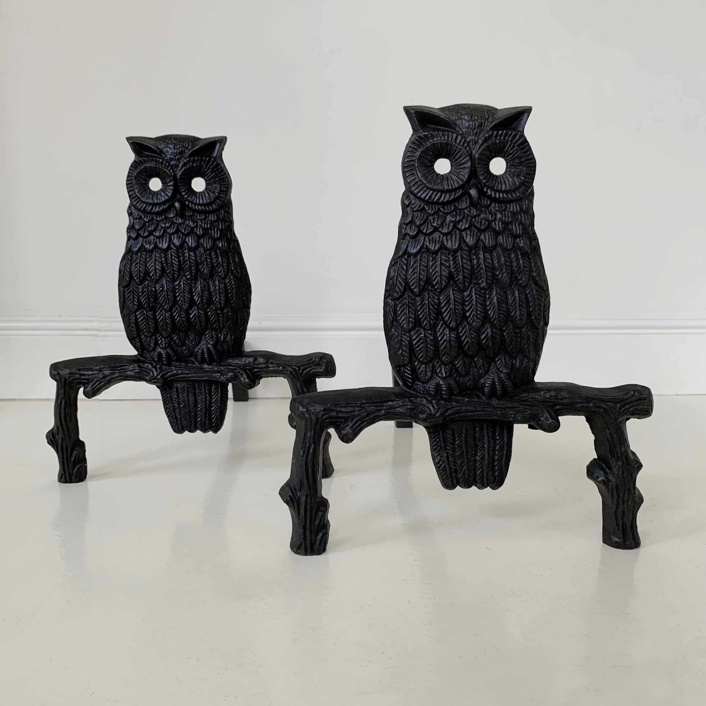 Late 20th Century Mid-Century Owl  Cast Iron Andirons, circa 1970, France. For Sale