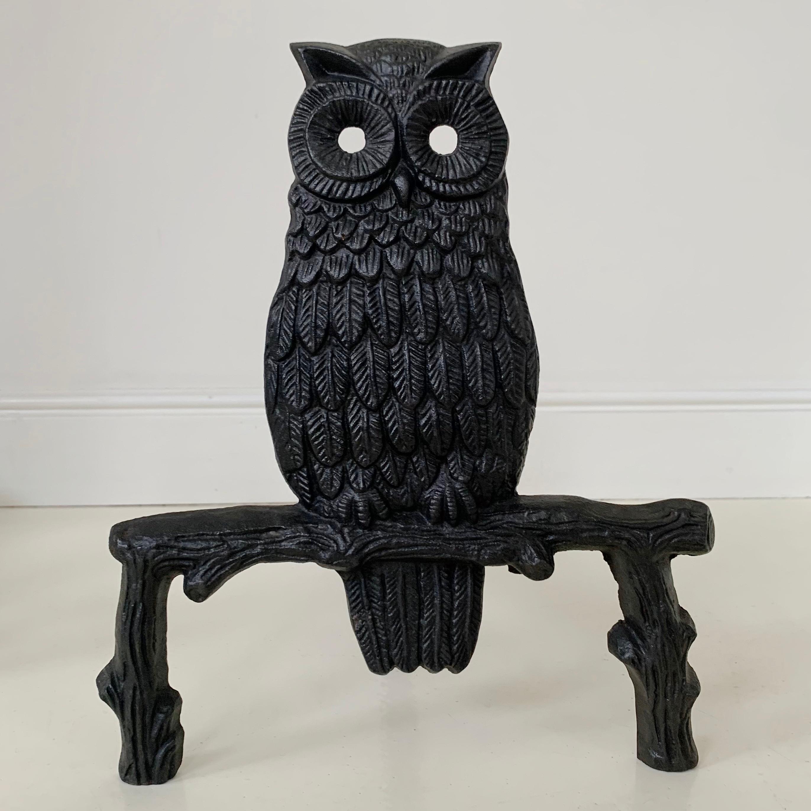 Mid-Century Owl  Cast Iron Andirons, circa 1970, France. For Sale 1