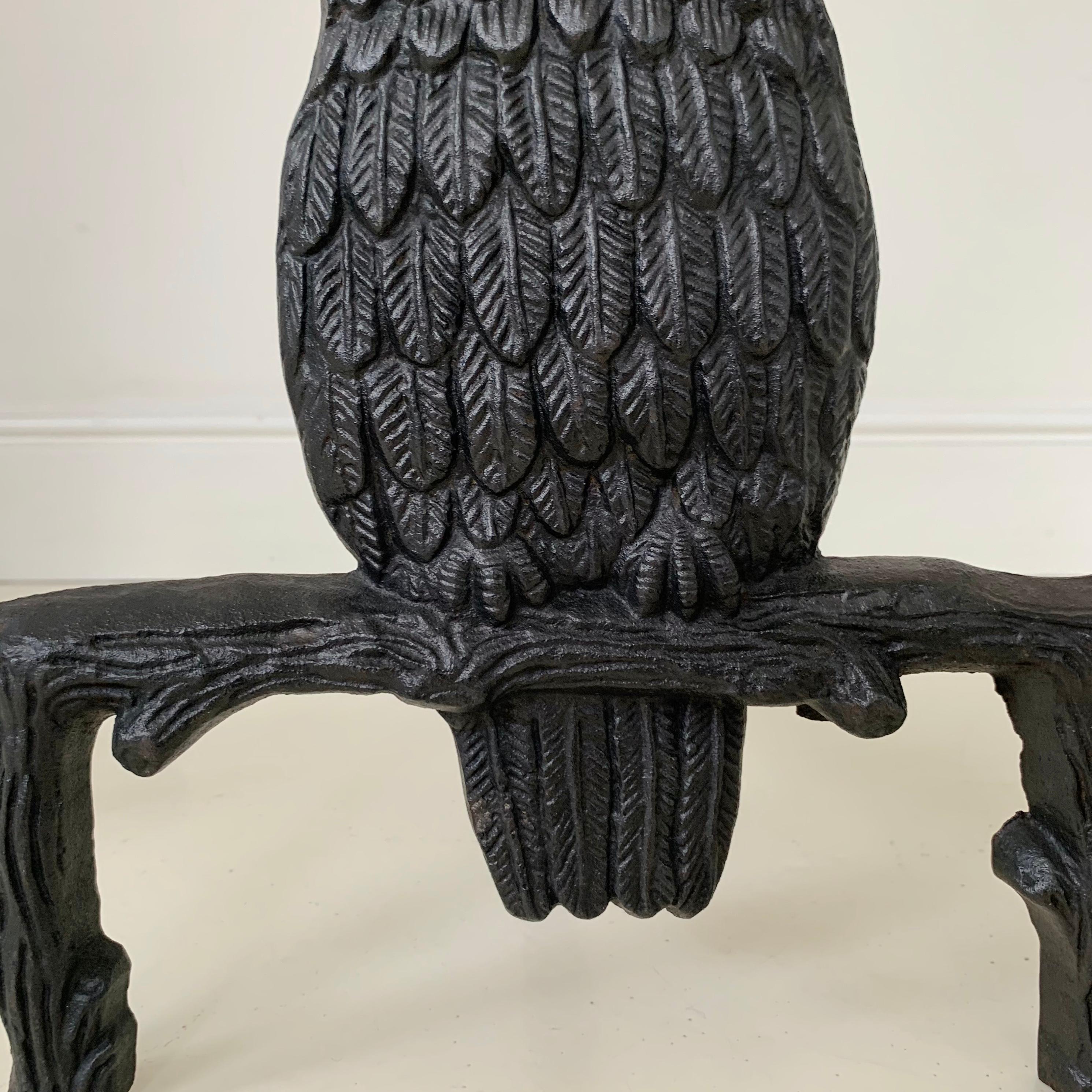 Mid-Century Owl  Cast Iron Andirons, circa 1970, France. For Sale 3