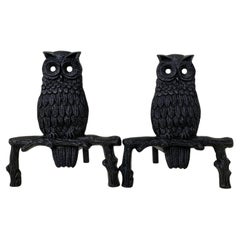 Mid-Century Owl  Cast Iron Andirons, circa 1970, France.