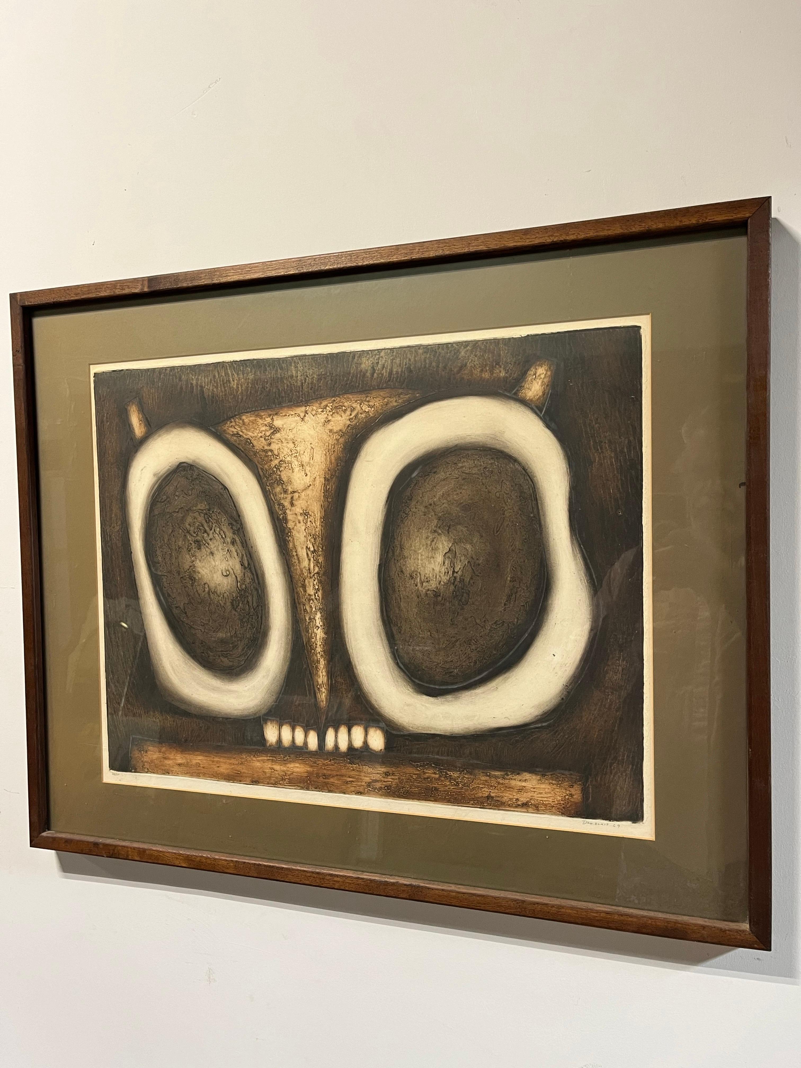 Original Joseph Demarais Künstler Proof Radierung. Unterzeichnete niedrige Zahl.
Das Kunstwerk ist in einem hübschen Nussbaumrahmen gerahmt und zeigt eine Eule in neutralen Tönen. Brutalistische Schwingungen.
Bildmaße: 23.5 x 18.5