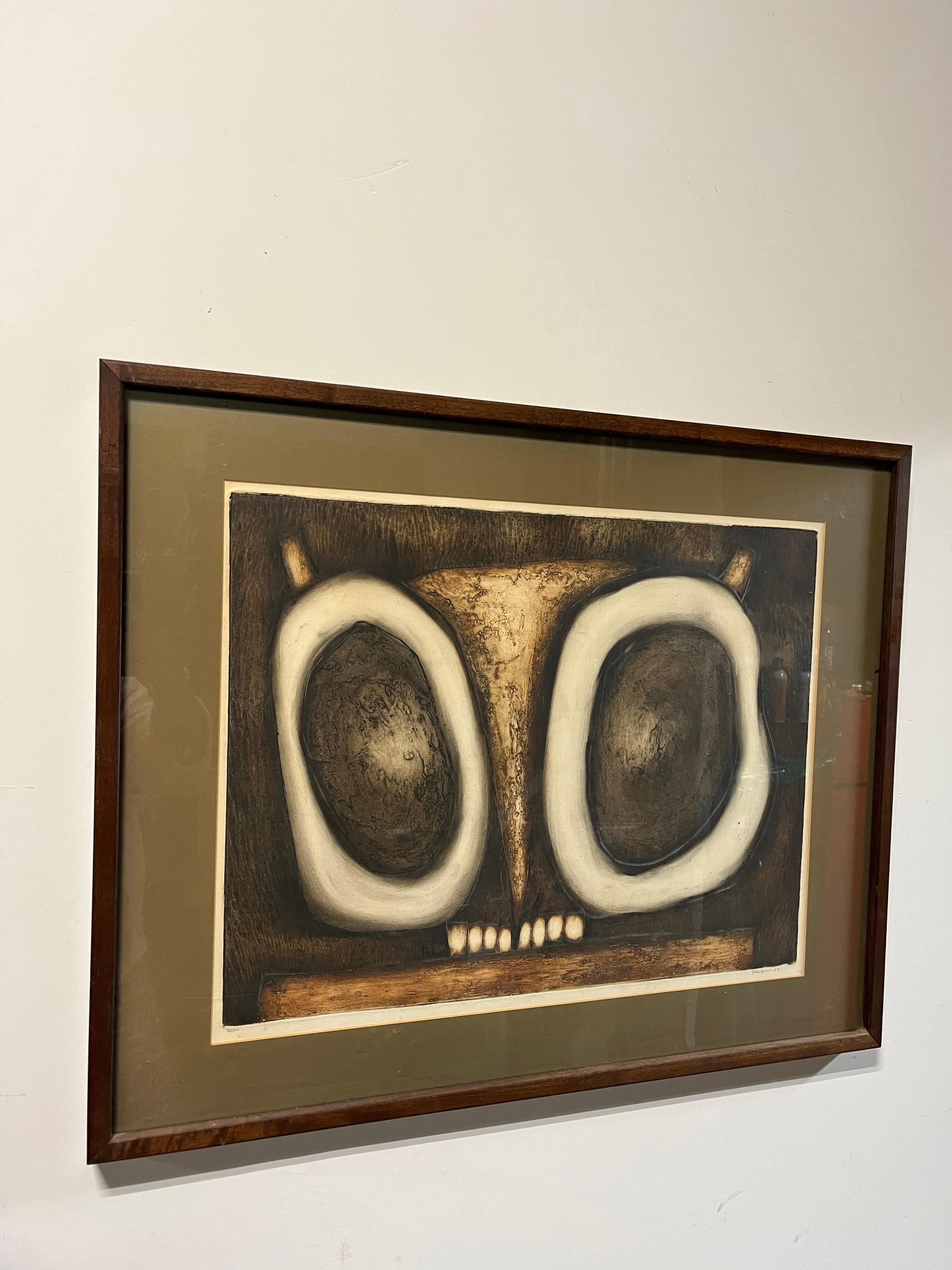 Mitte des Jahrhunderts Eule Joseph Demarais Lithographie Radierung (Brutalismus) im Angebot