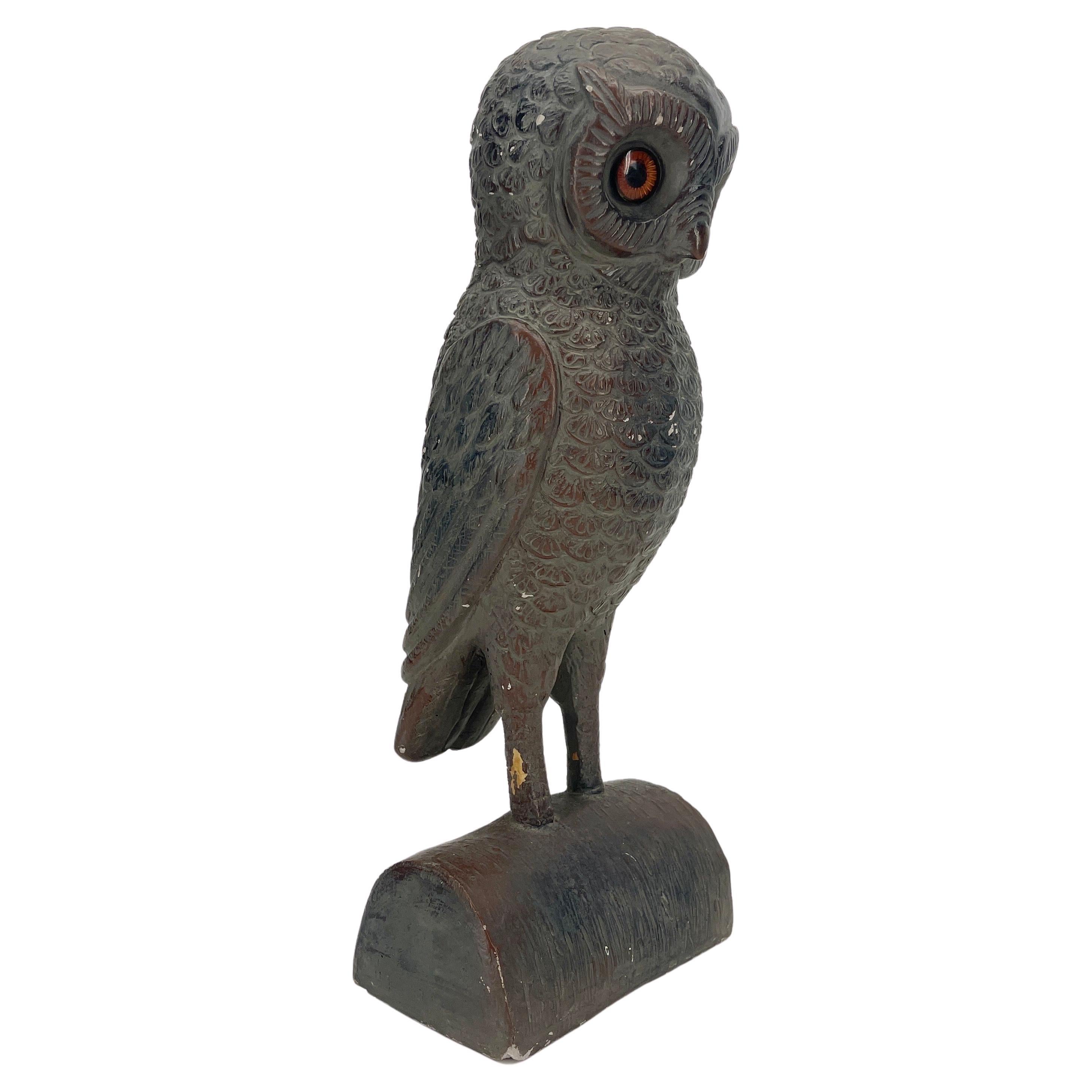 Folk Art Mid-Century Owl Sculpture on Stand For Sale
