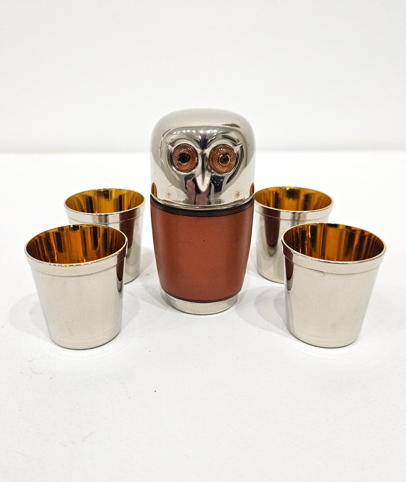 Metal Mid Century Owl Shaped Nested Shot Cups Drinks Set, Germany, c. 1960
