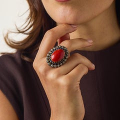 Mid Century Oxblood coral sapphire diamond 18k yellow gold cocktail ring