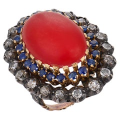 Mid Century Oxblood coral sapphire diamond 18k yellow gold cocktail ring