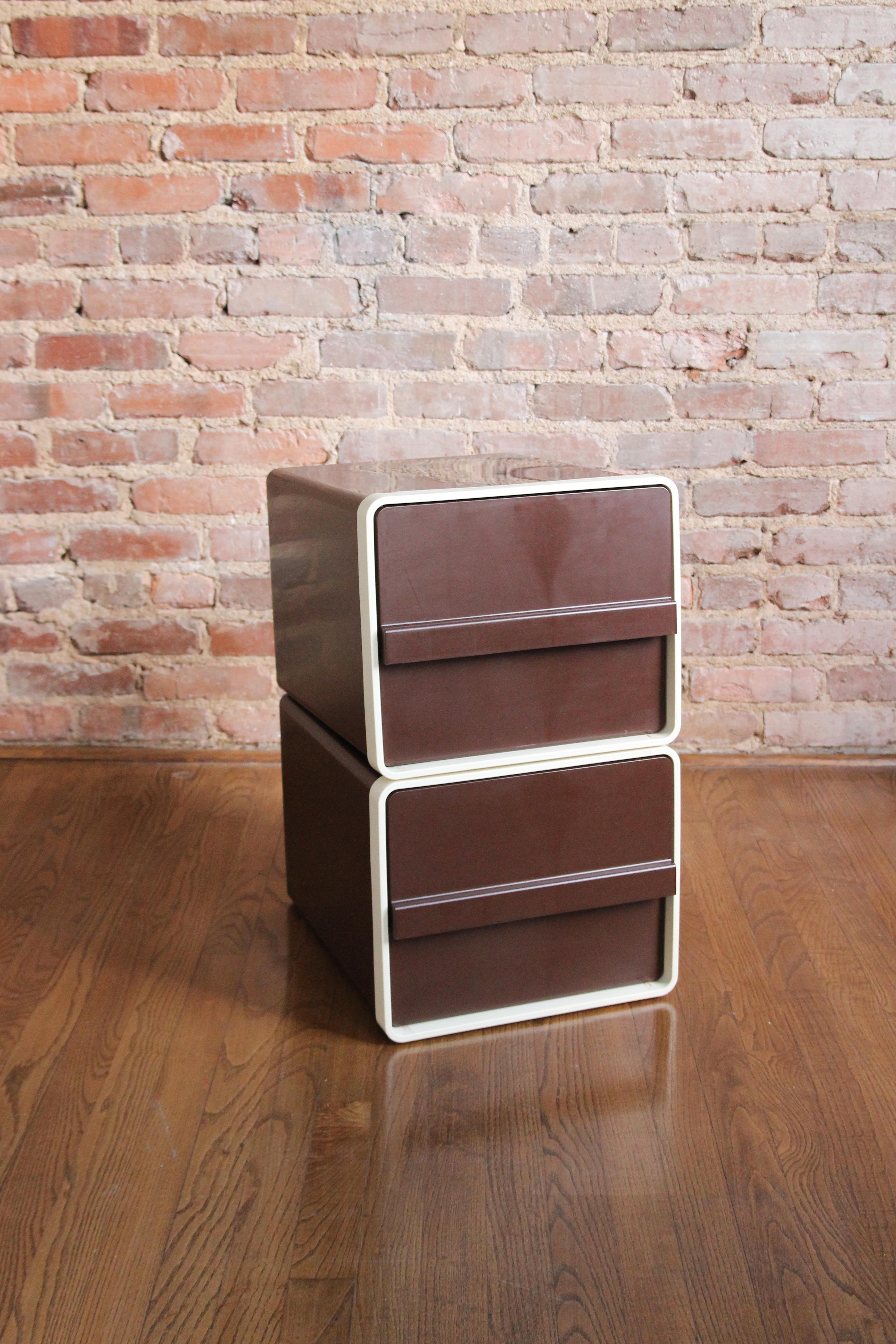 Vintage Oxford Keep-It plastic filing cabinets with single pull-out drawers. These items are in good vintage condition and show normal signs of wear expected with age.
