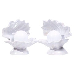 Mid Century Oyster Shell Shaped Porcelain Lamps - Pair