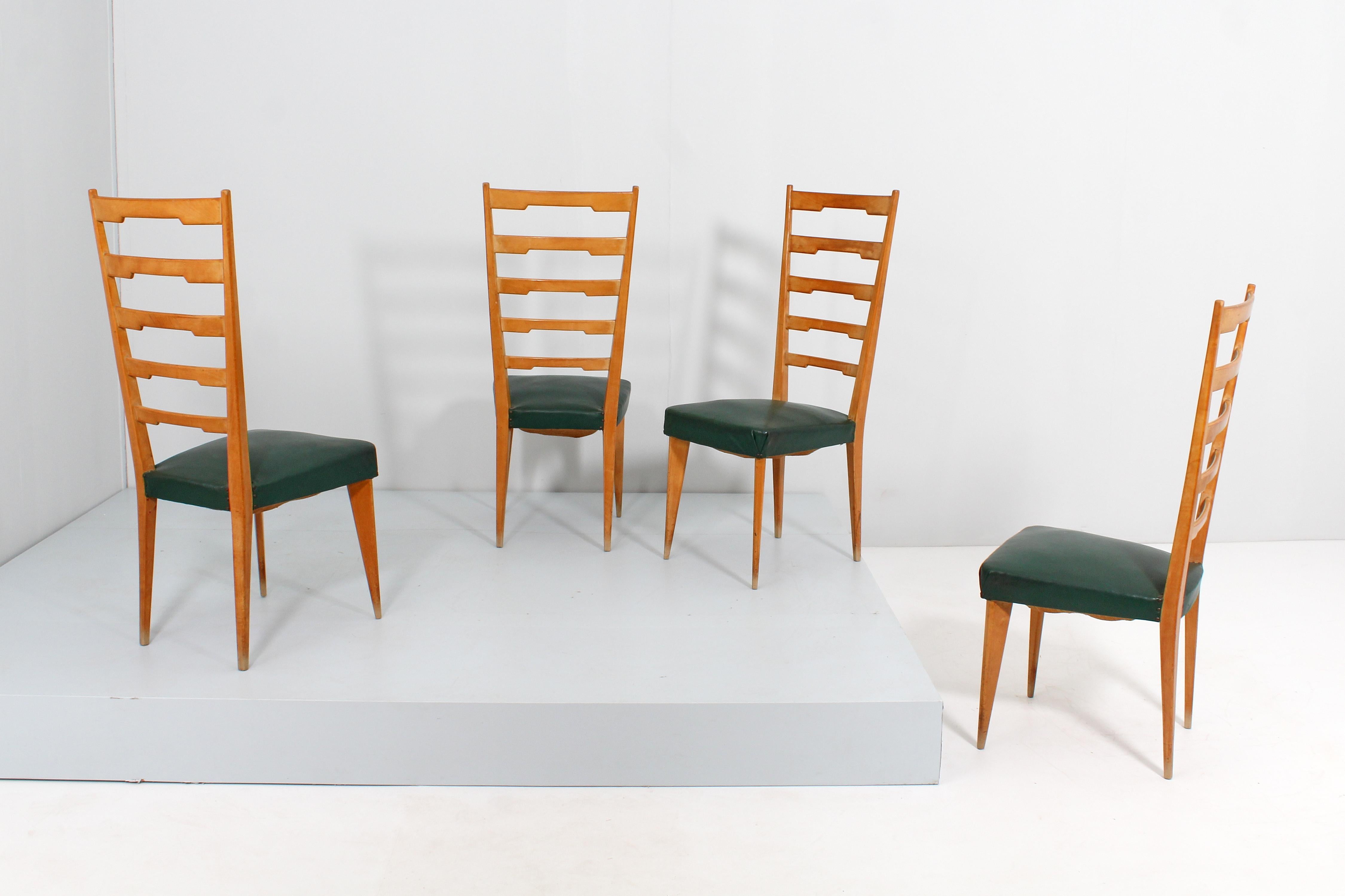 Mid-Century Modern Mid-Century P. Buffa Style Set of 4 Wooden and Skai High Back Chairs 60s Italy For Sale
