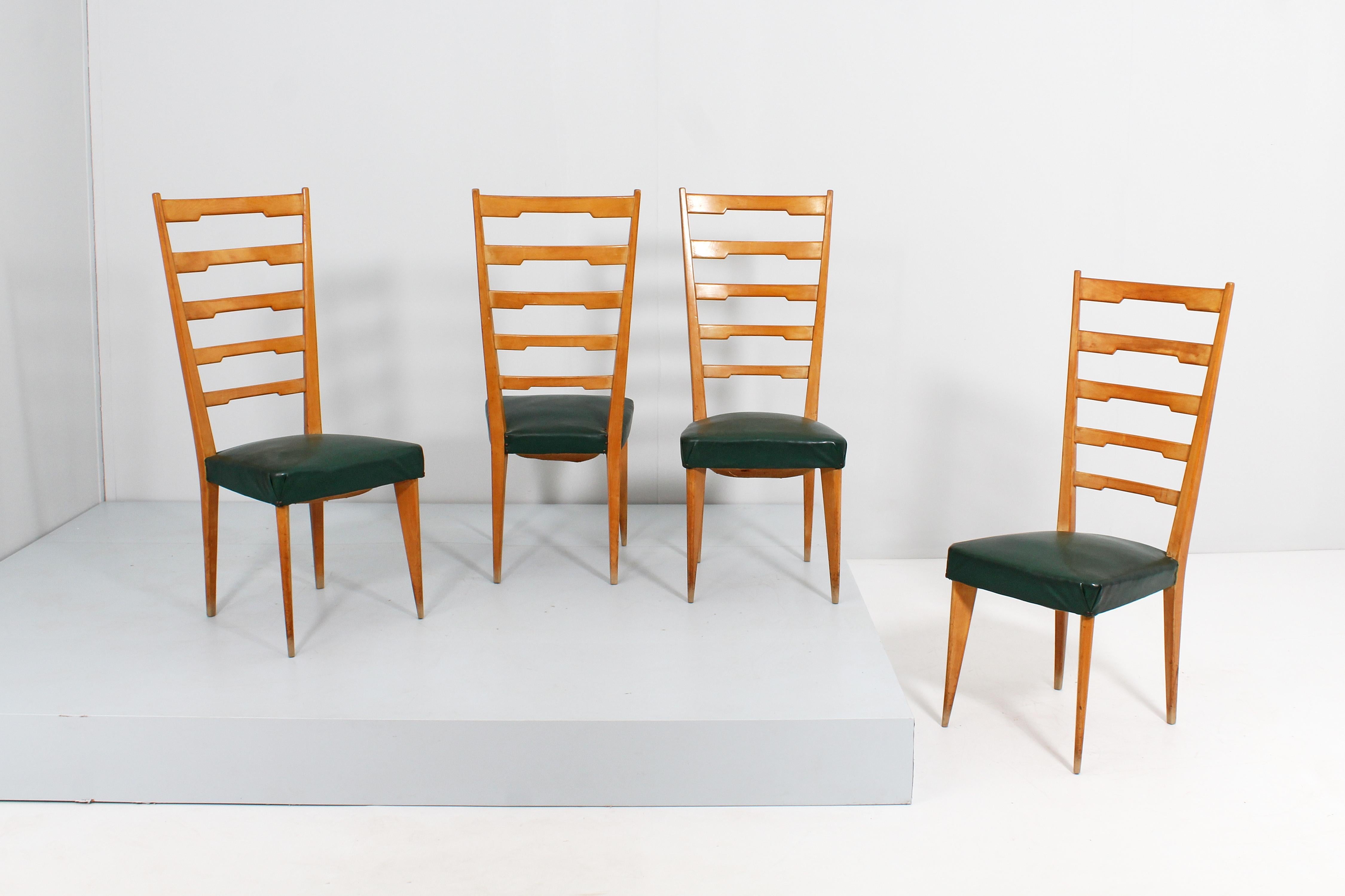 Italian Mid-Century P. Buffa Style Set of 4 Wooden and Skai High Back Chairs 60s Italy For Sale