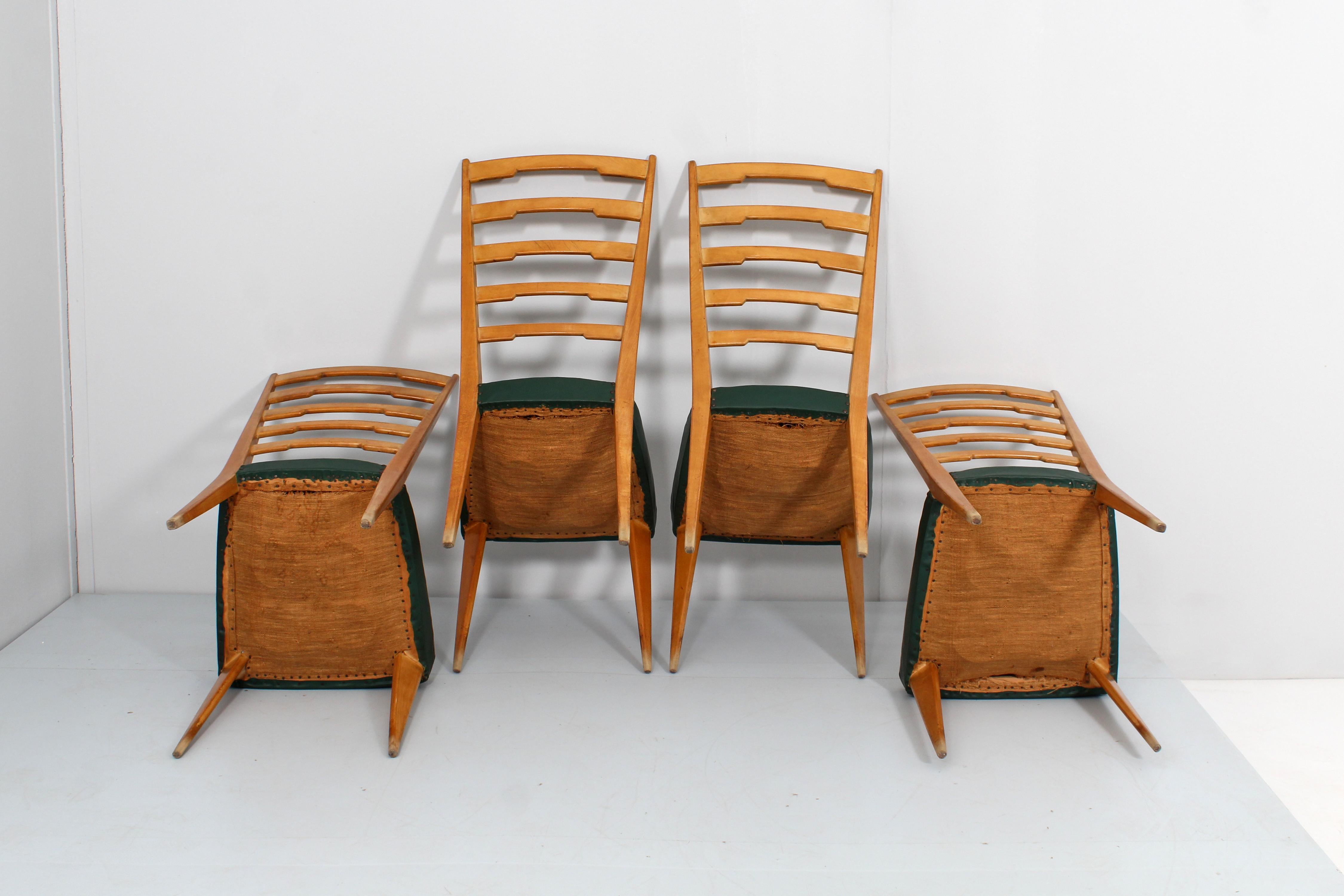 Mid-Century P. Buffa Style Set of 4 Wooden and Skai High Back Chairs 60s Italy In Good Condition For Sale In Palermo, IT