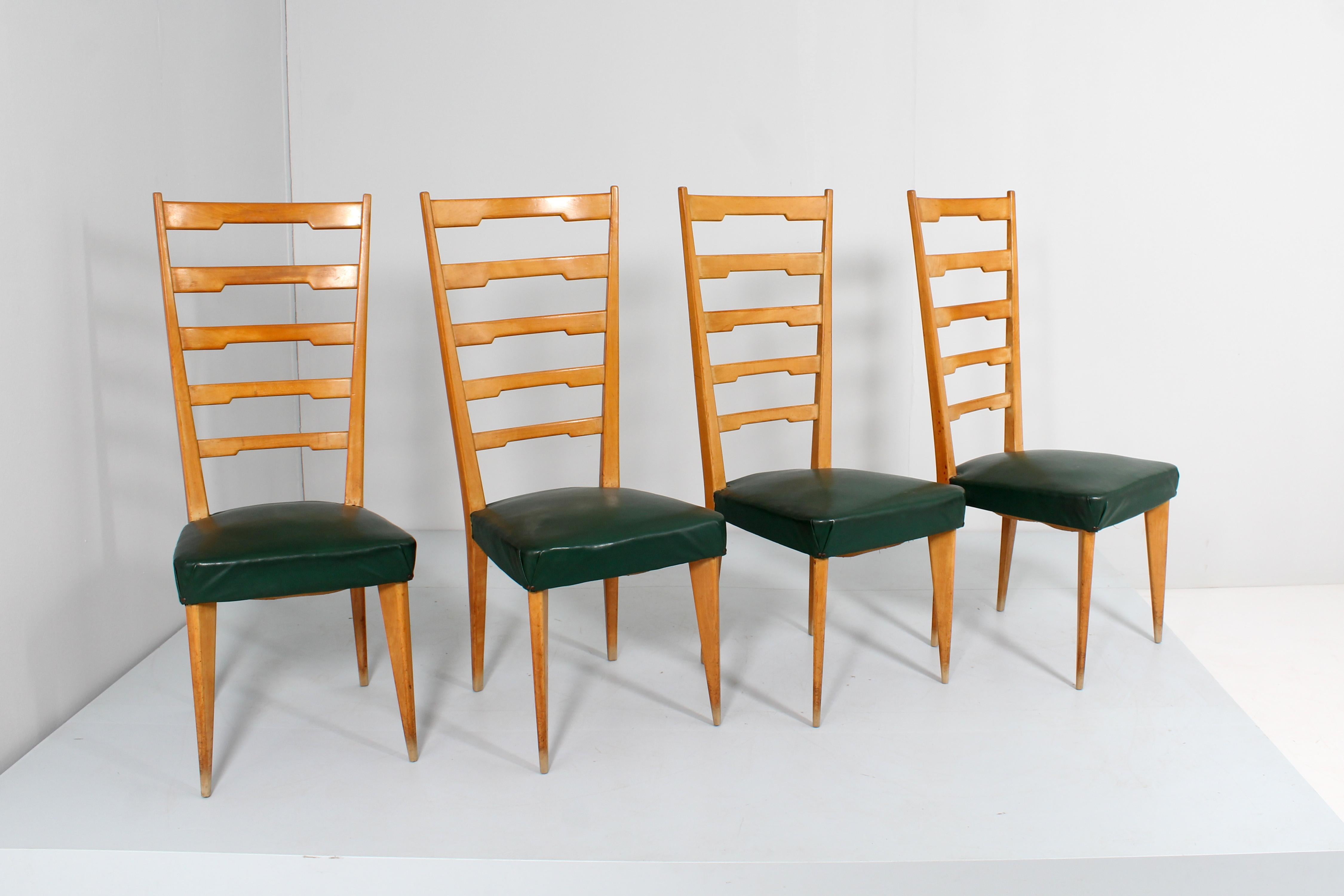 Mid-20th Century Mid-Century P. Buffa Style Set of 4 Wooden and Skai High Back Chairs 60s Italy For Sale
