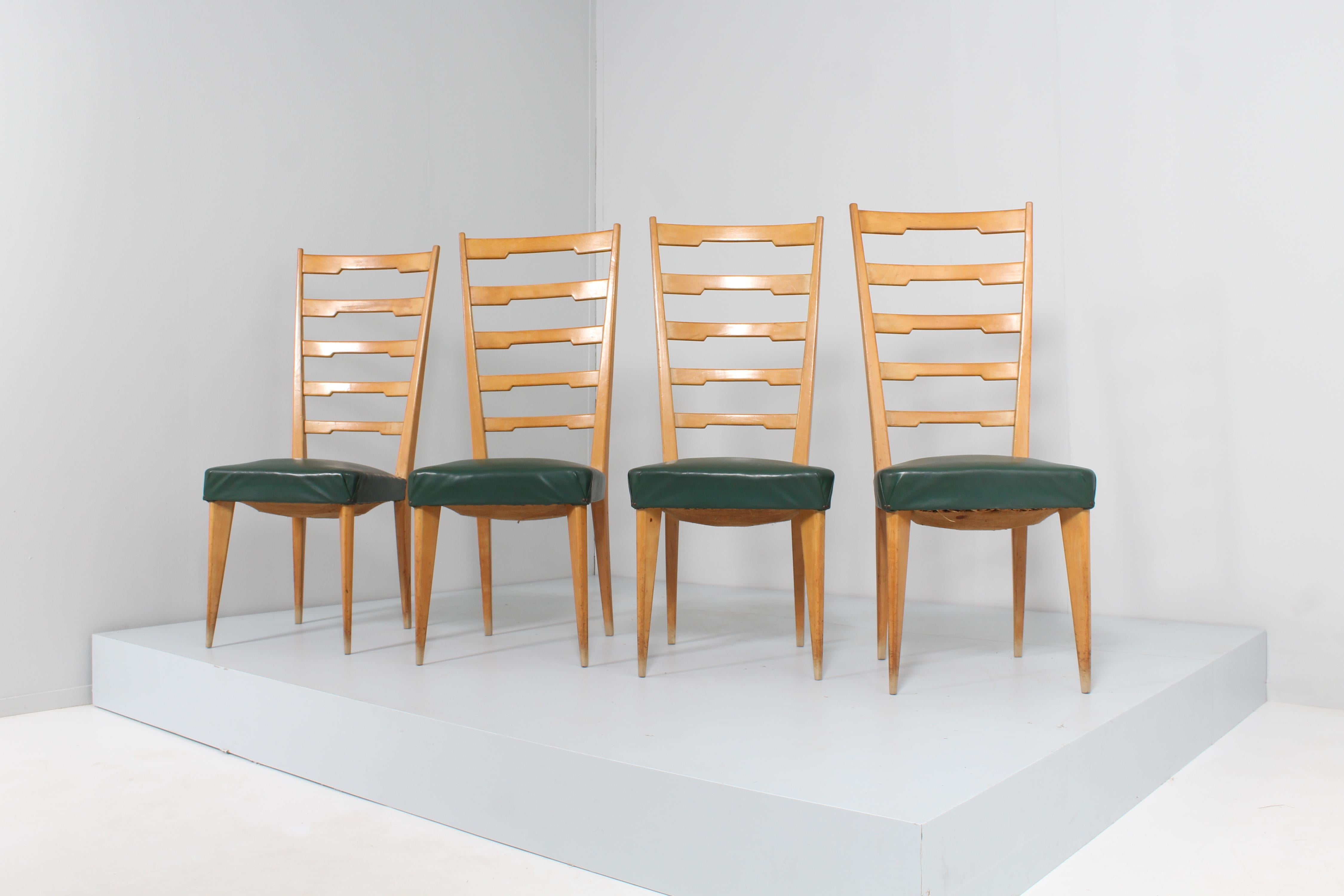 Mid-Century P. Buffa Style Set of 4 Wooden and Skai High Back Chairs 60s Italy For Sale 1