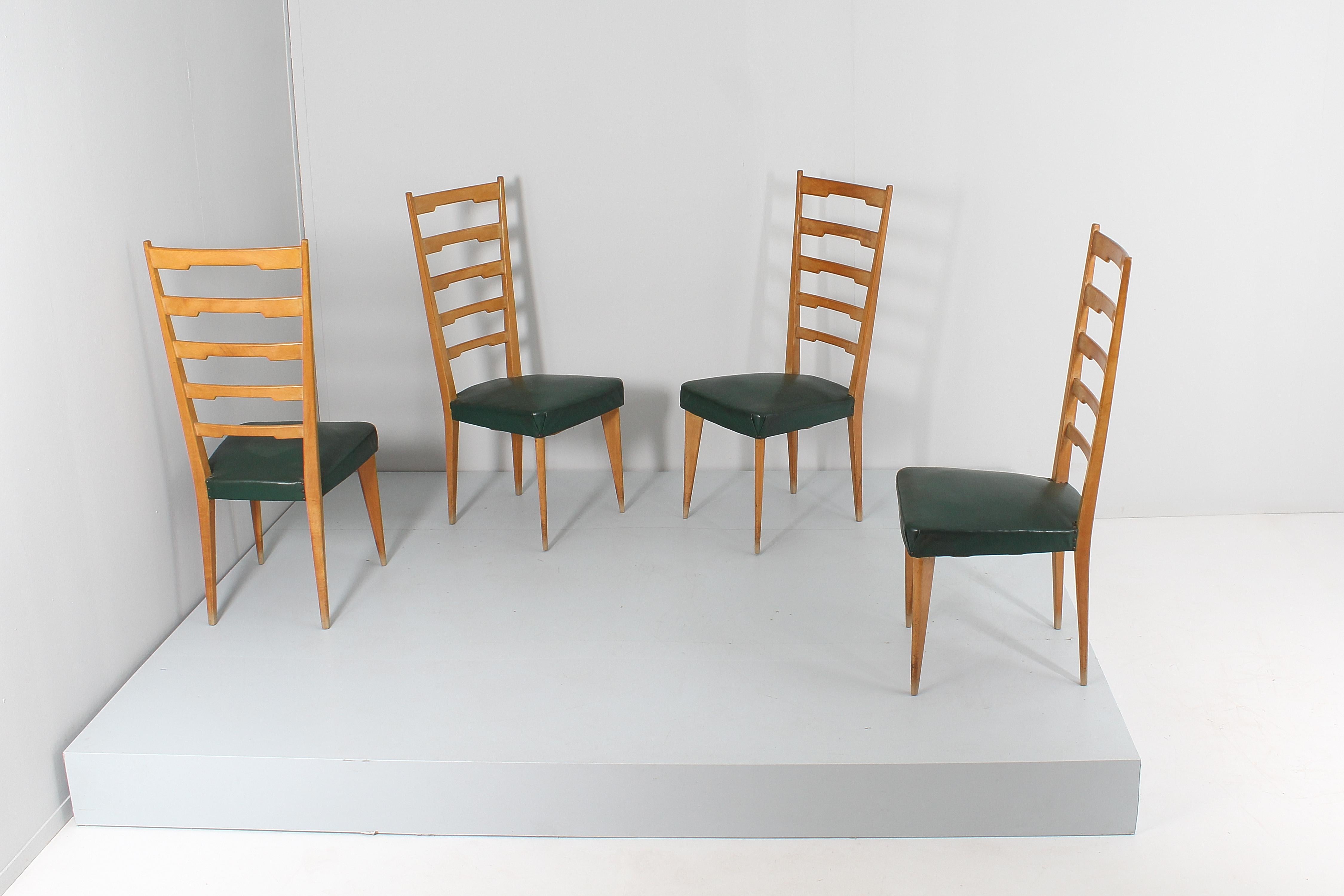 Mid-Century P. Buffa Style Set of 4 Wooden and Skai High Back Chairs 60s Italy For Sale 2