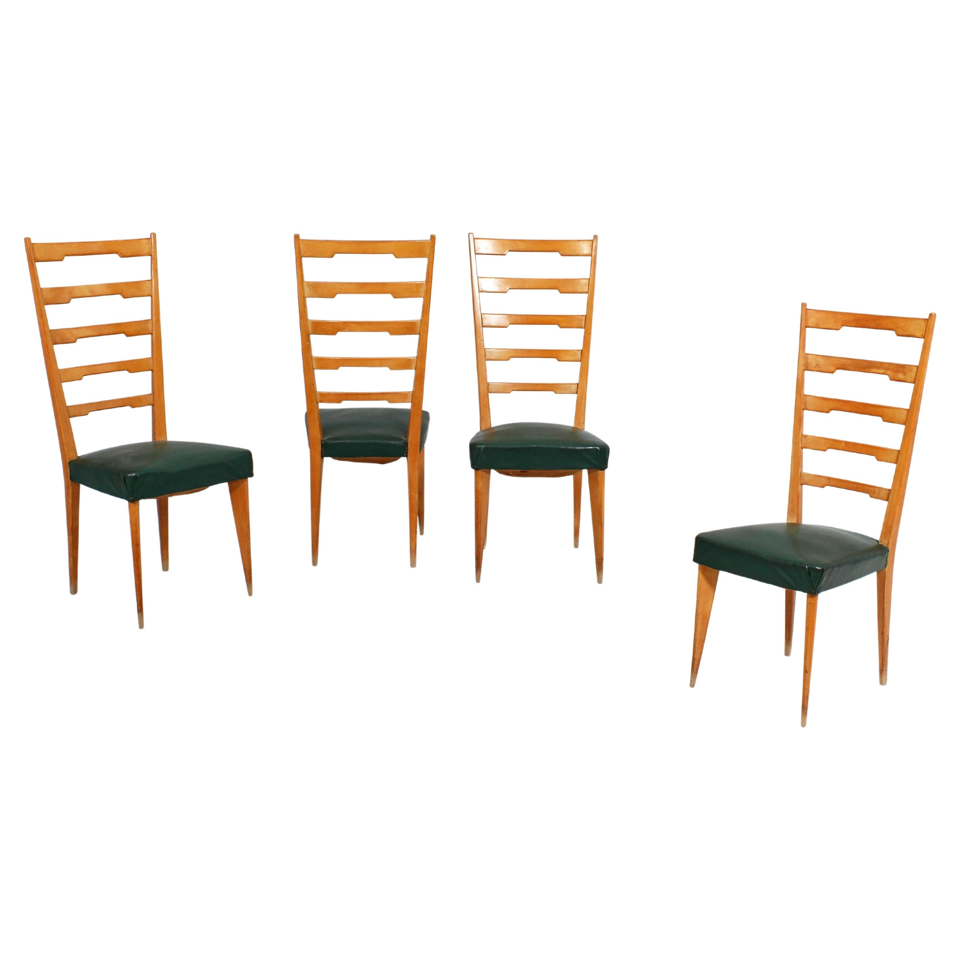 Mid-Century P. Buffa Style Set of 4 Wooden and Skai High Back Chairs 60s Italy For Sale