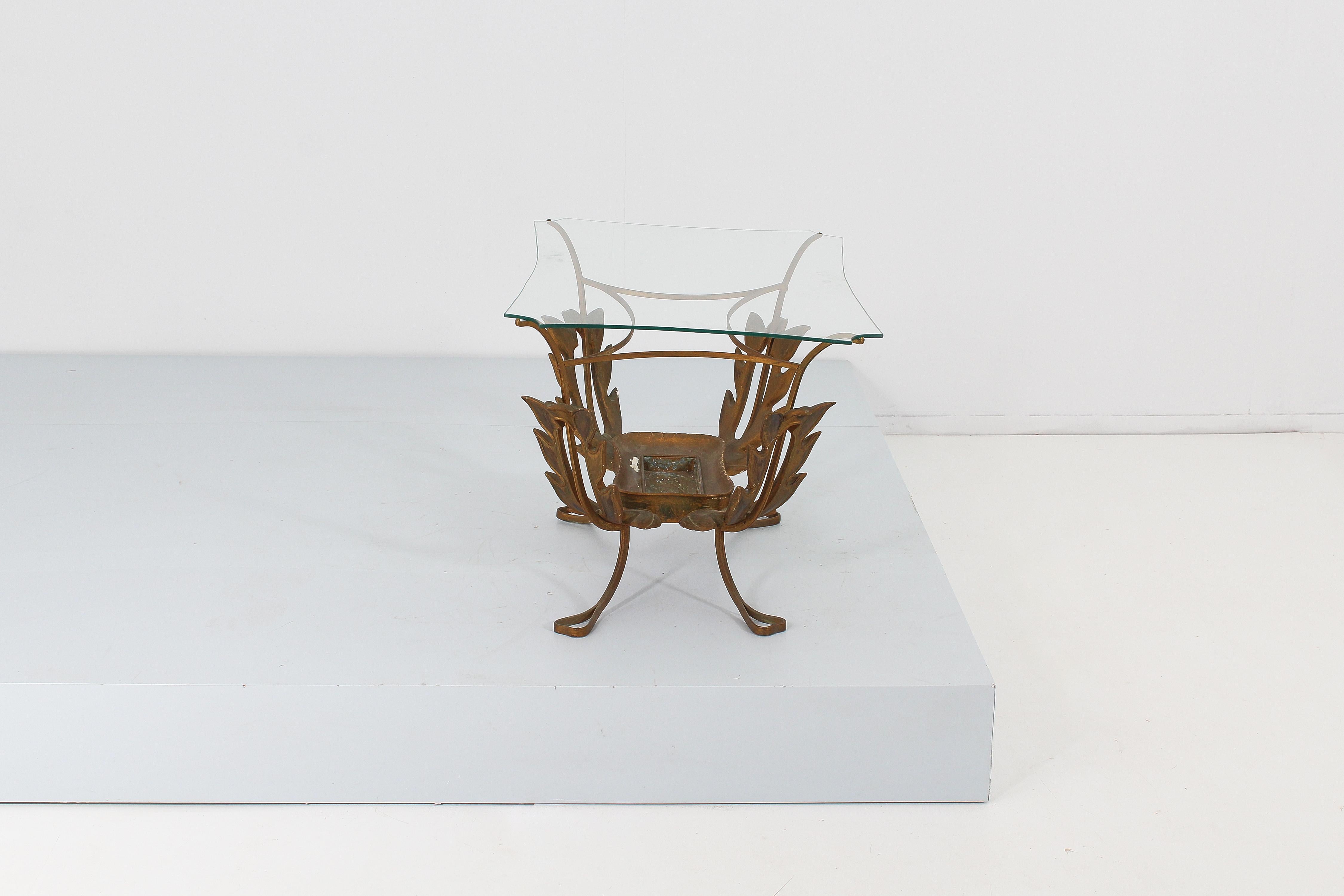 Table basse vintage en bois, laiton et verre de P. L Colli, Italie, années 50 en vente 2