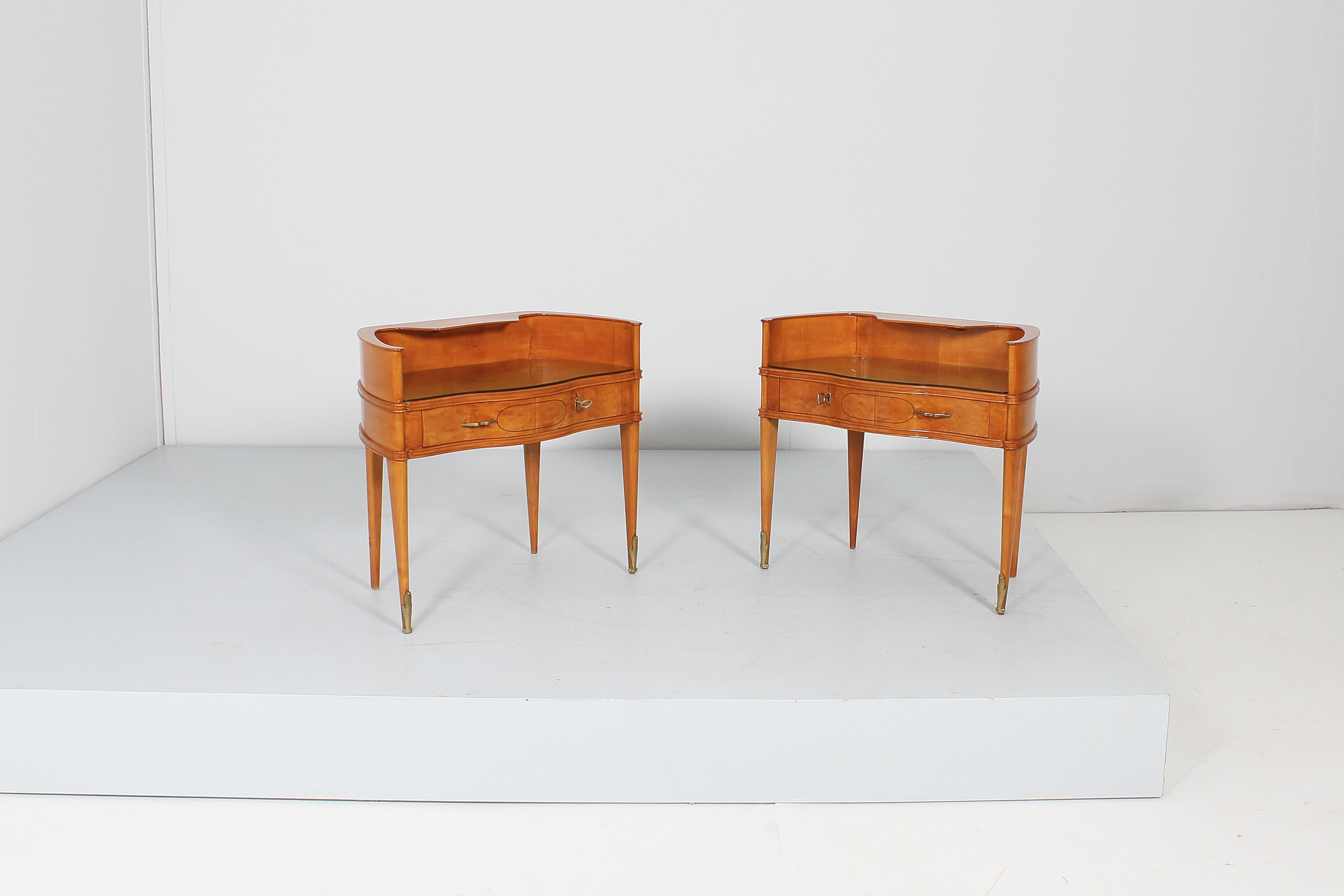 Mid-Century Modern Mid-Century P. Buffa Wood and Glass Nightstands, Set of 2, Italy, 1950s