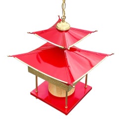 Mid-Century Pagoda Enameled Red Metal & Gold-Tone Tole Chinoiserie Chandelier