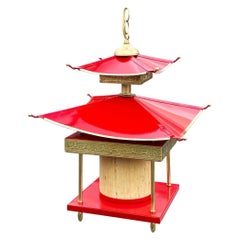 Mid-Century Pagoda Enameled Red Metal & Gold-Tone Tole Chinoiserie Chandelier