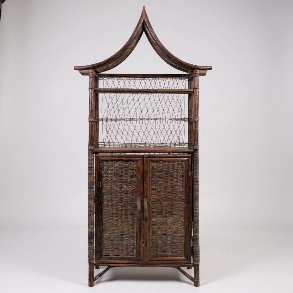 Armario de mediados de siglo en forma de pagoda de ratán / bambú y tela de hierba /  Etagere en Bueno estado para la venta en Kennesaw, GA