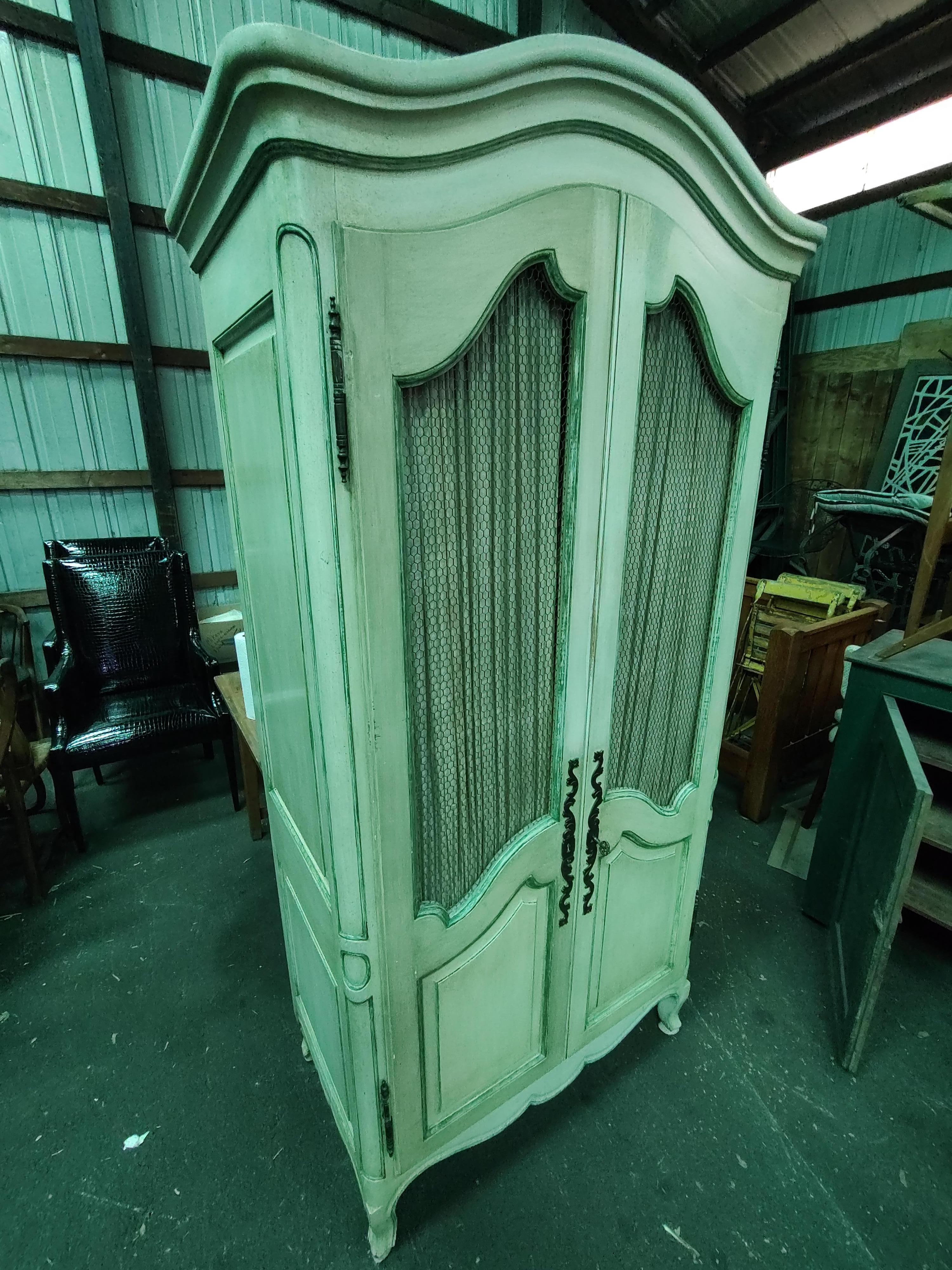 Carved Midcentury Painted 2 Door Armoire with 5 Shelves & 3 Pullout Drawers For Sale