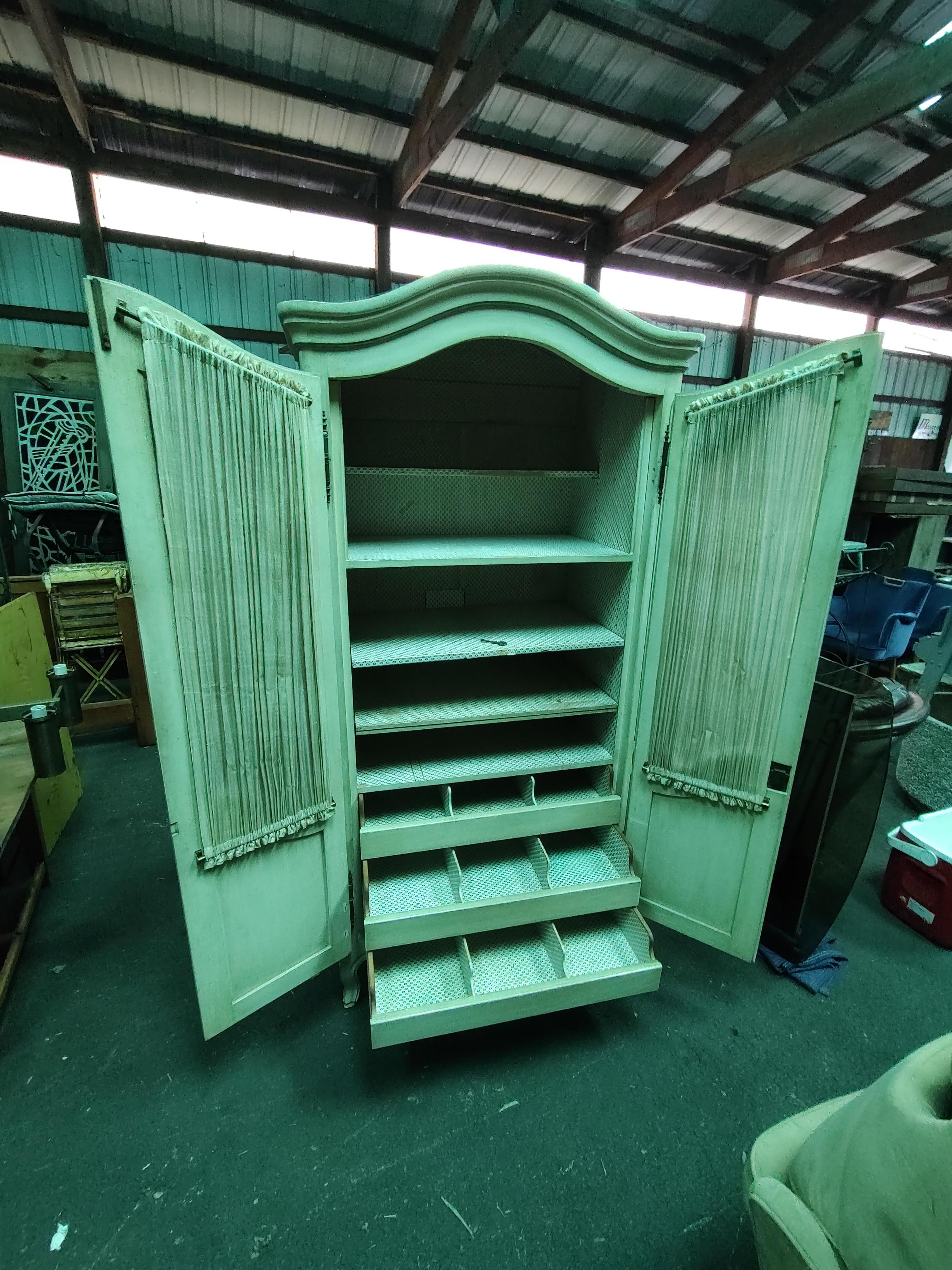 Brass Midcentury Painted 2 Door Armoire with 5 Shelves & 3 Pullout Drawers For Sale