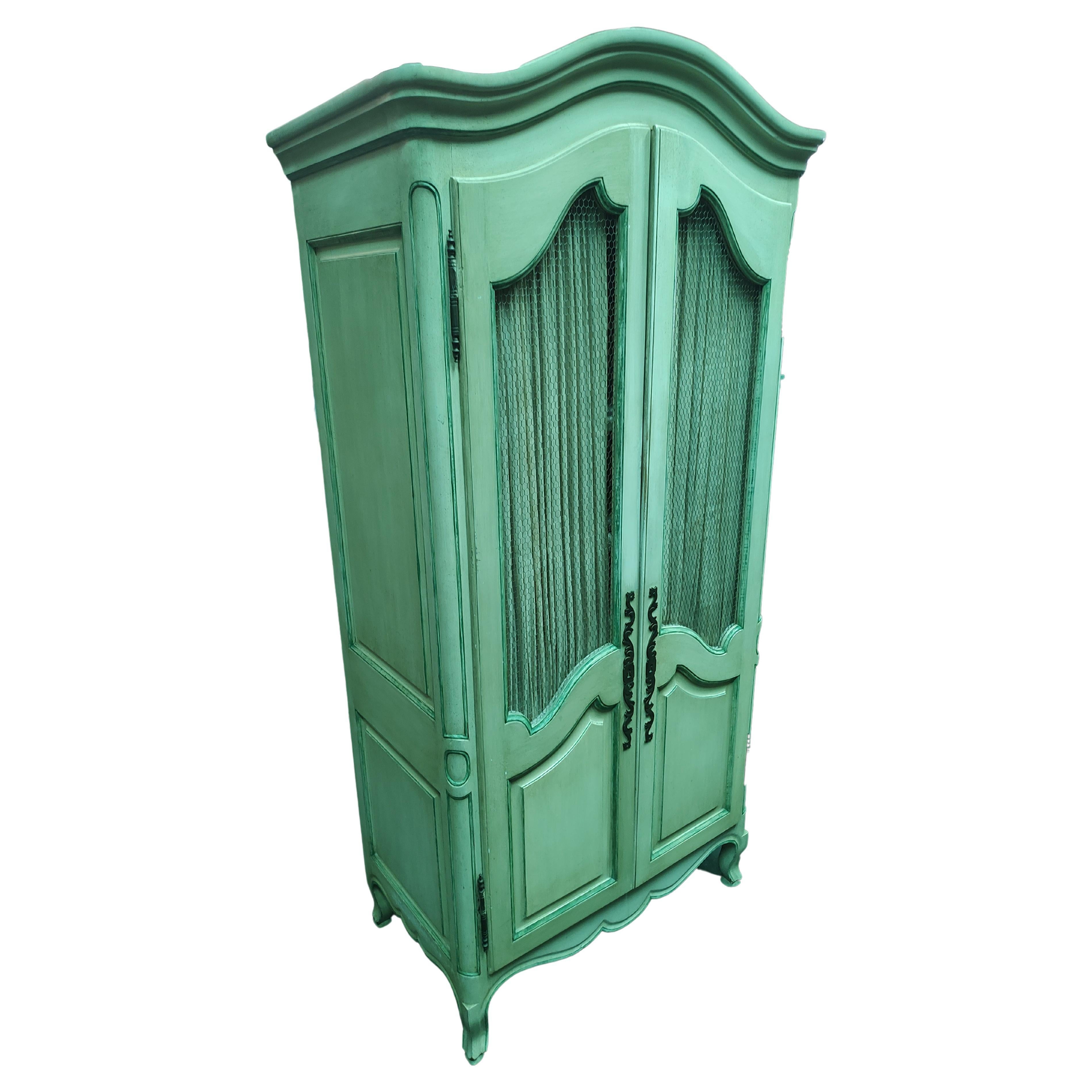 French Provincial Midcentury Painted 2 Door Armoire with 5 Shelves & 3 Pullout Drawers For Sale