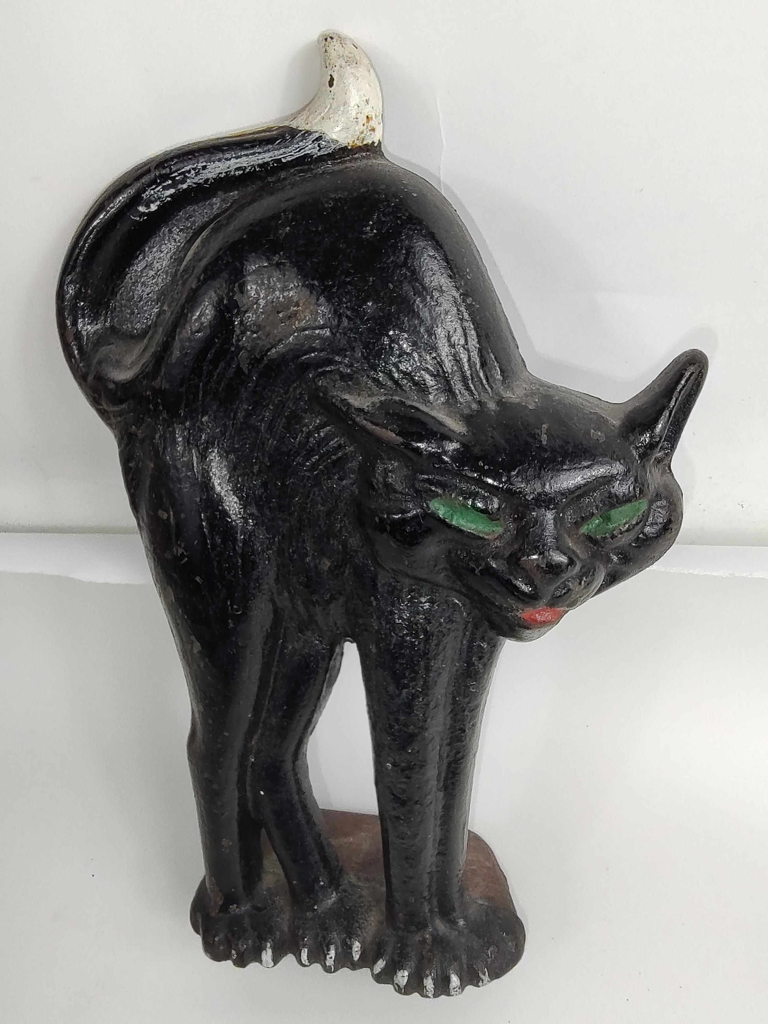 Cast Midcentury Painted Black Cat Door Stop with Arched Back, circa 1940 For Sale