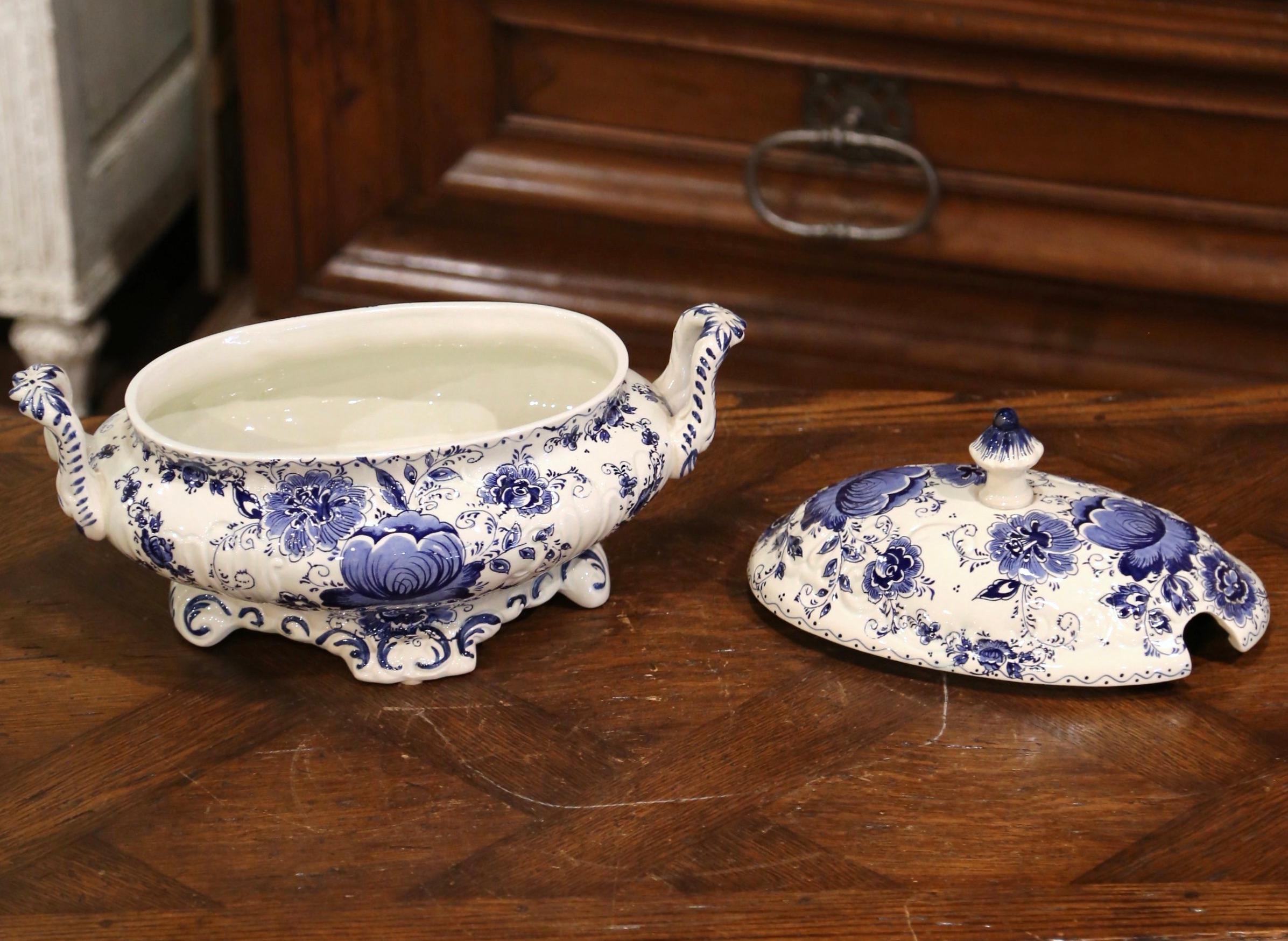 Mid-Century Painted Blue and White Delft Tureen with under Platter and Ladle 7