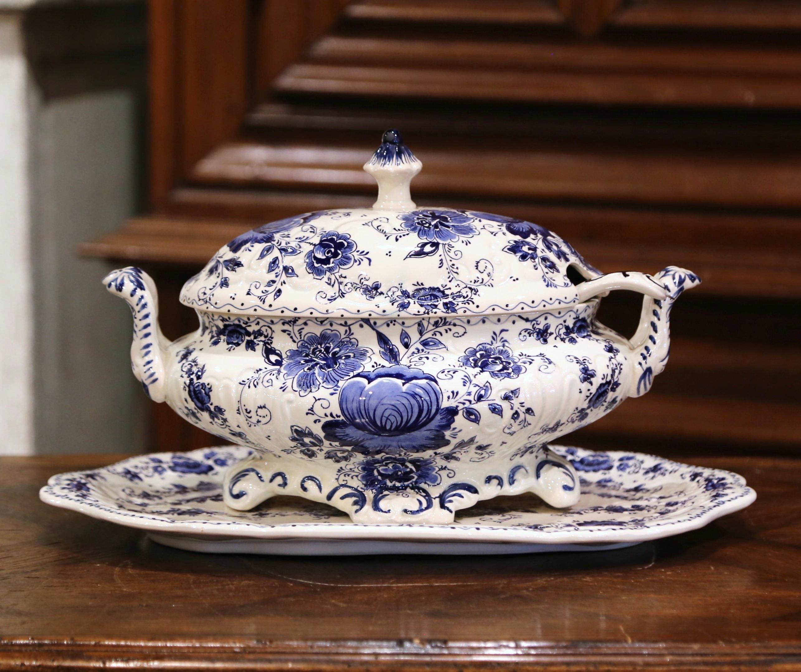 Dutch Mid-Century Painted Blue and White Delft Tureen with under Platter and Ladle