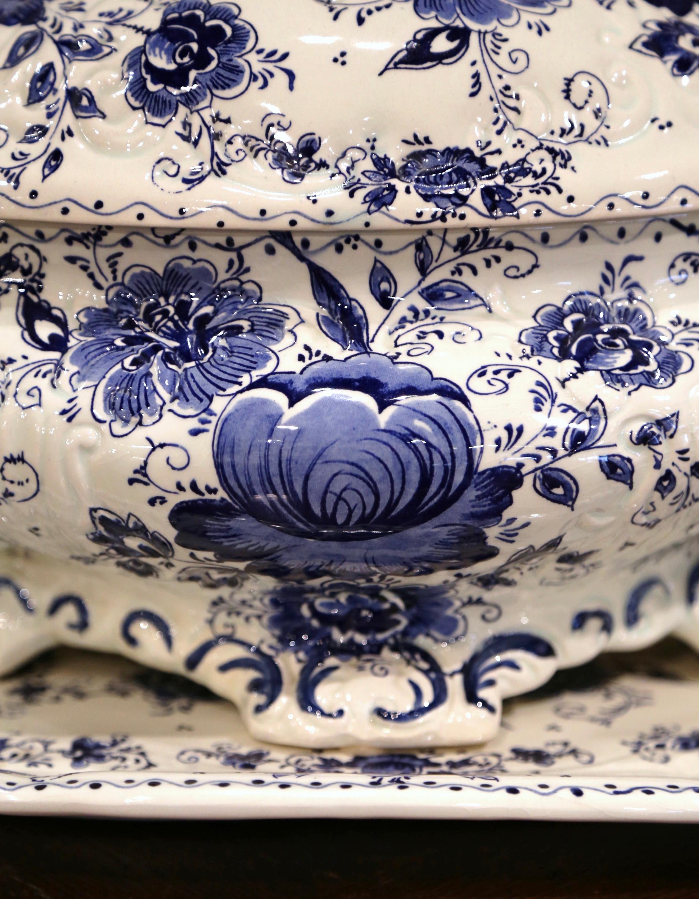 Hand-Crafted Mid-Century Painted Blue and White Delft Tureen with under Platter and Ladle