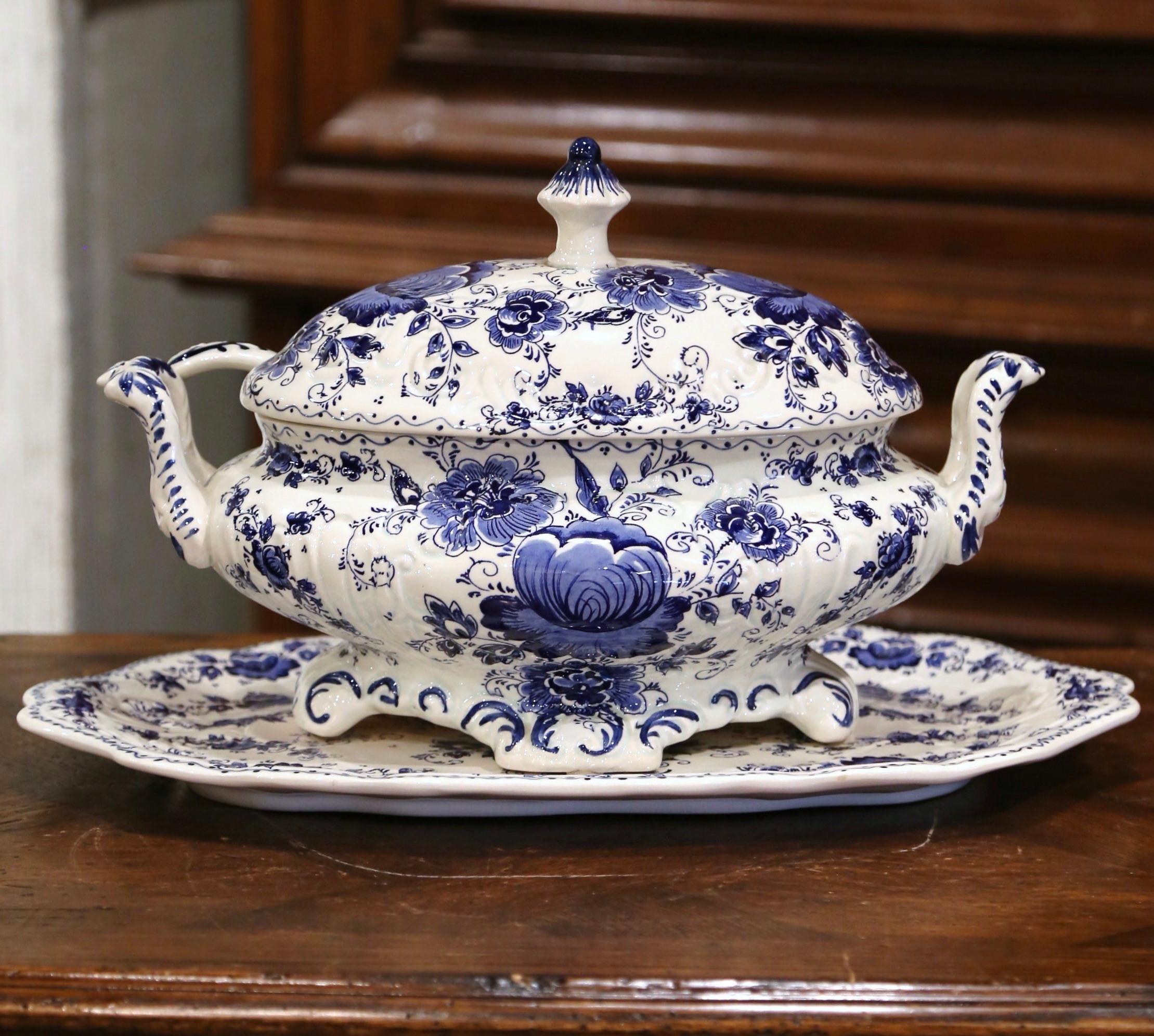 Mid-Century Painted Blue and White Delft Tureen with under Platter and Ladle In Excellent Condition In Dallas, TX