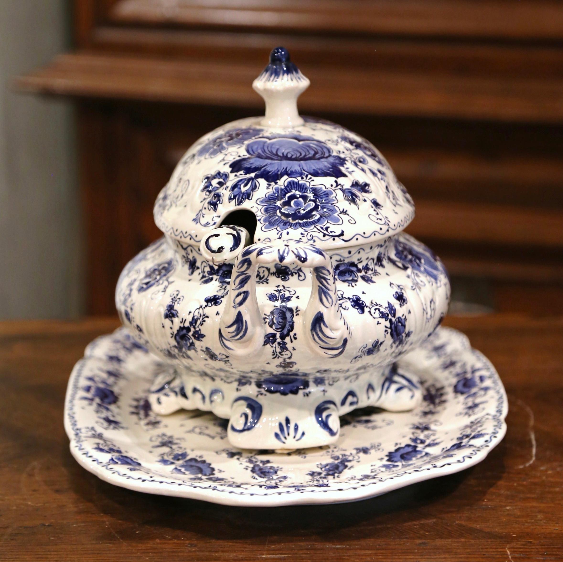 Faience Mid-Century Painted Blue and White Delft Tureen with under Platter and Ladle