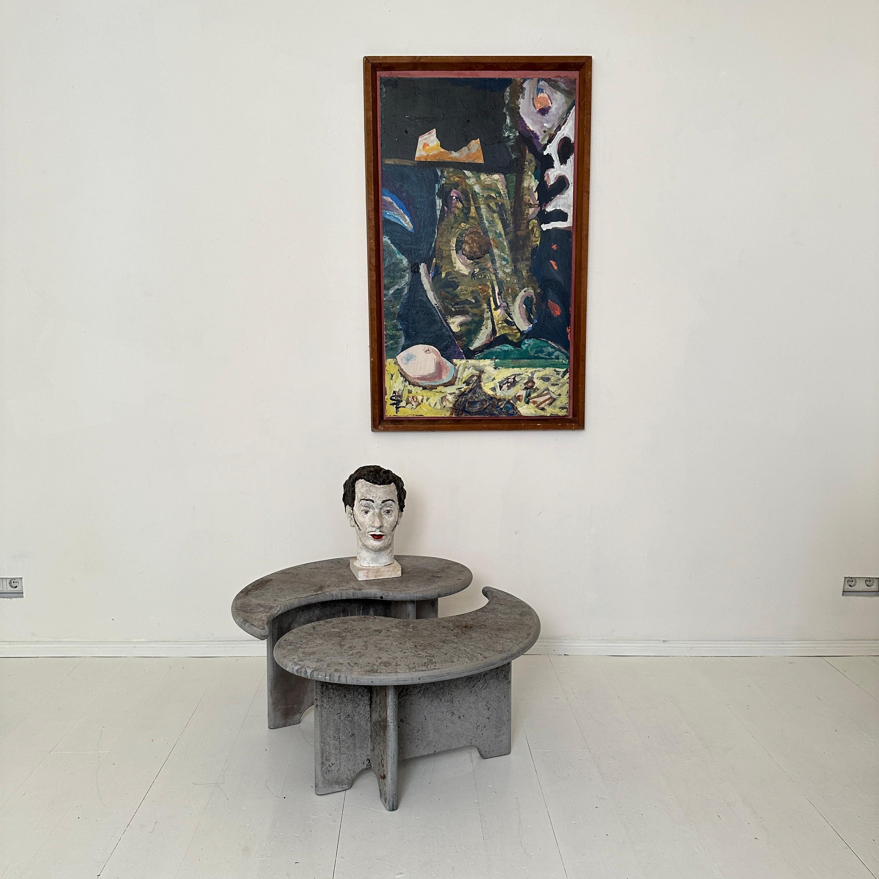 This mid-century painted papier-mâché bust of Salvador Dalí, crafted in Spain around 1970, is a whimsical tribute to the legendary surrealist artist. The bust captures Dalí's distinctive features, including his iconic mustache and expressive eyes,