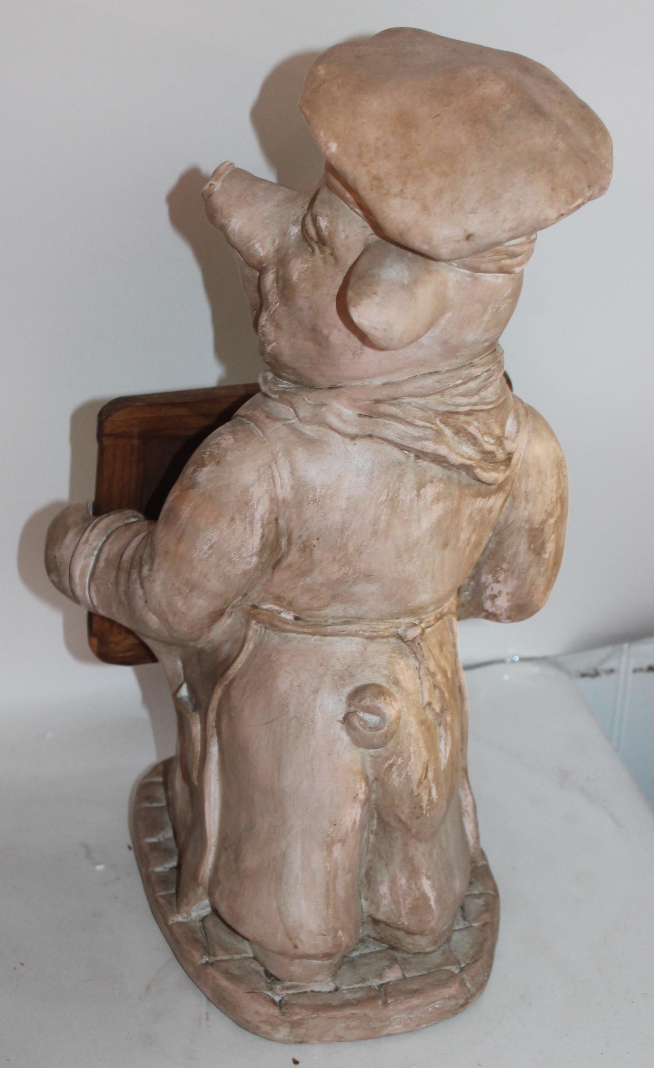 Midcentury Painted Pottery Pig Holding Sign 1